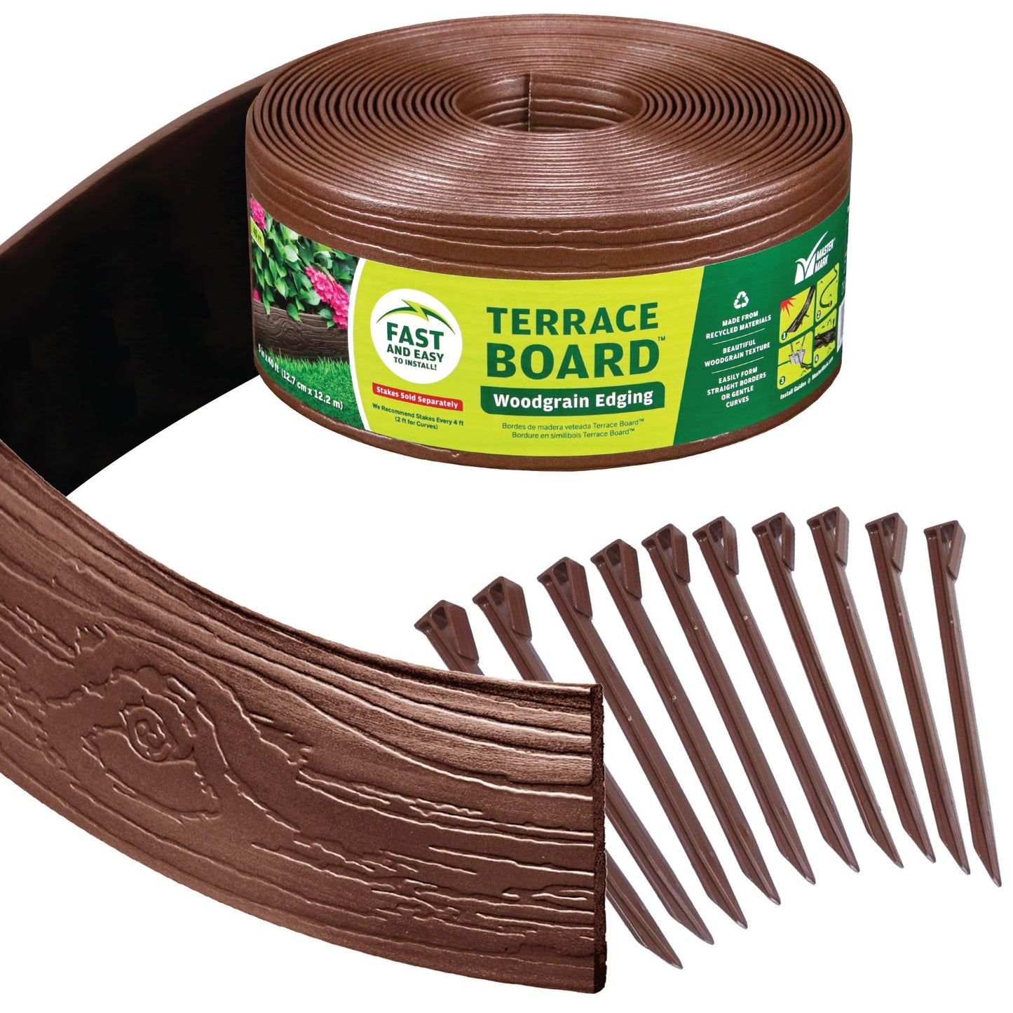 Master Mark Landscape Edging Coil (Terrace Board), 40 ft. x 4 in. Tall, Plastic Garden Edging Border with 10 Stakes, Brown