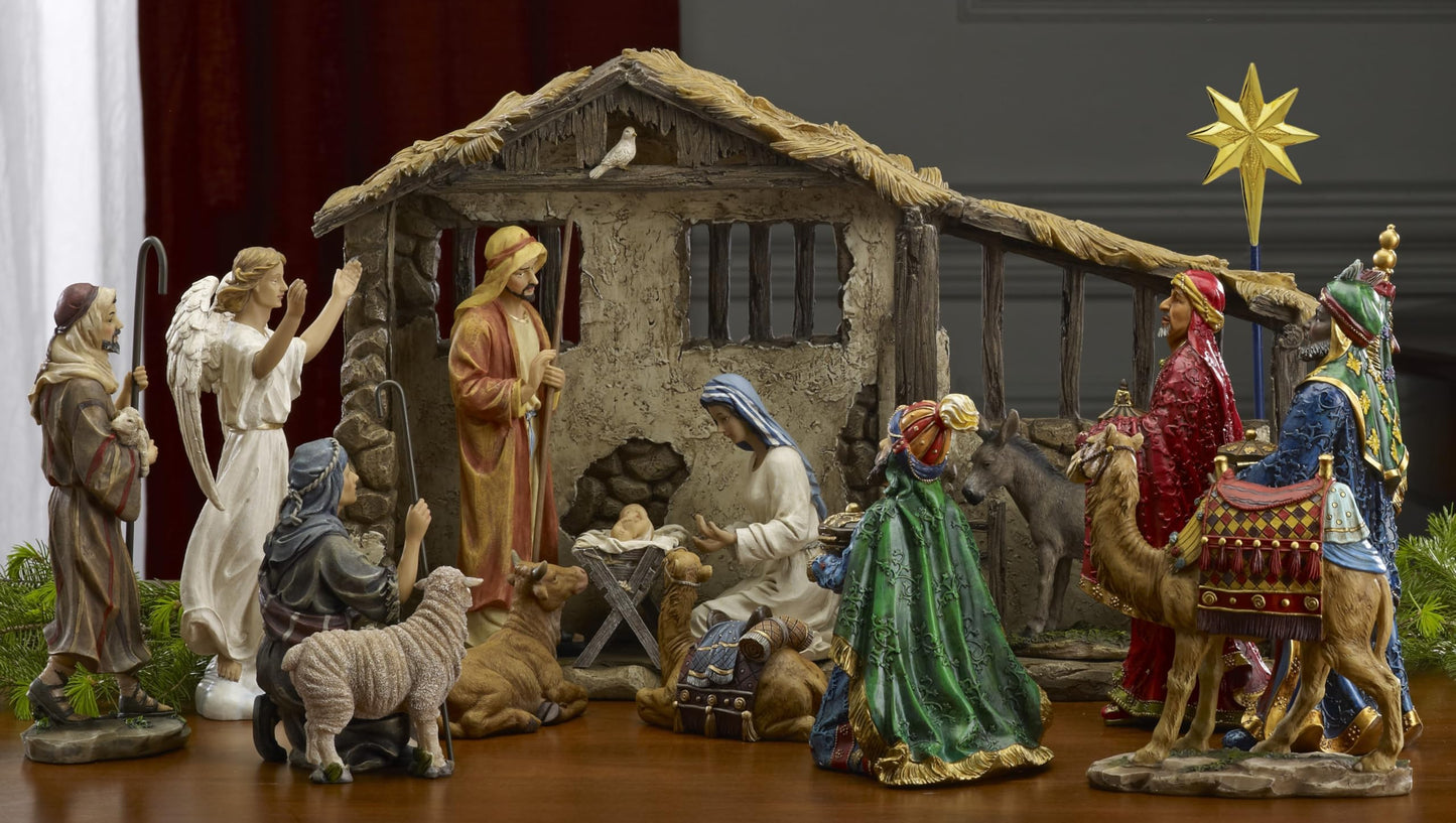 Three Kings Gifts Deluxe Edition Nativity Scene Set & Figures, 16-Pieces, 7 Inch Scale Collection with Real 23K Gold, Frankincense and Myrrh, Lighted Stable