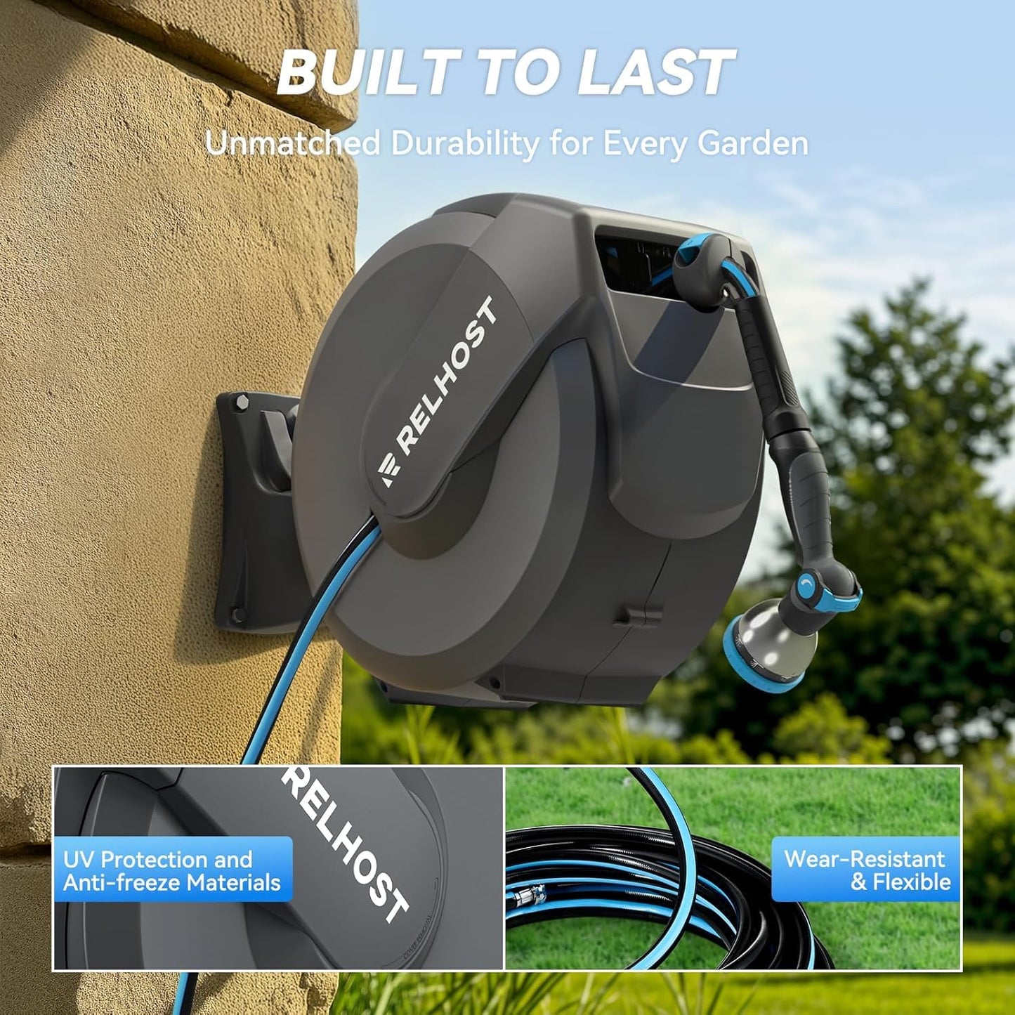 Relhost Retractable Garden Hose Reel, 1/2 in x 100 ft Wall Mount Heavy Duty Hose Reel with Any-Length Lock, Auto Rewind System, 180° Swivel Bracket, and 10-Pattern Nozzle for Garden, Dark Grey