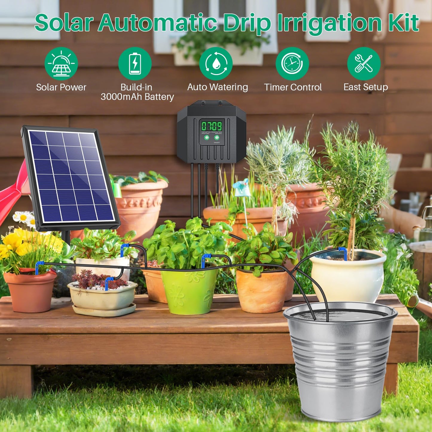 NFESOLAR 4W Solar Powered Automatic Drip Irrigation Kit with LCD Timer, Customizable Watering Duration 1–30min & Interval 3h–7d, Solar Irrigation System for 15 Potted Plants, Garden, Patio, Vacation