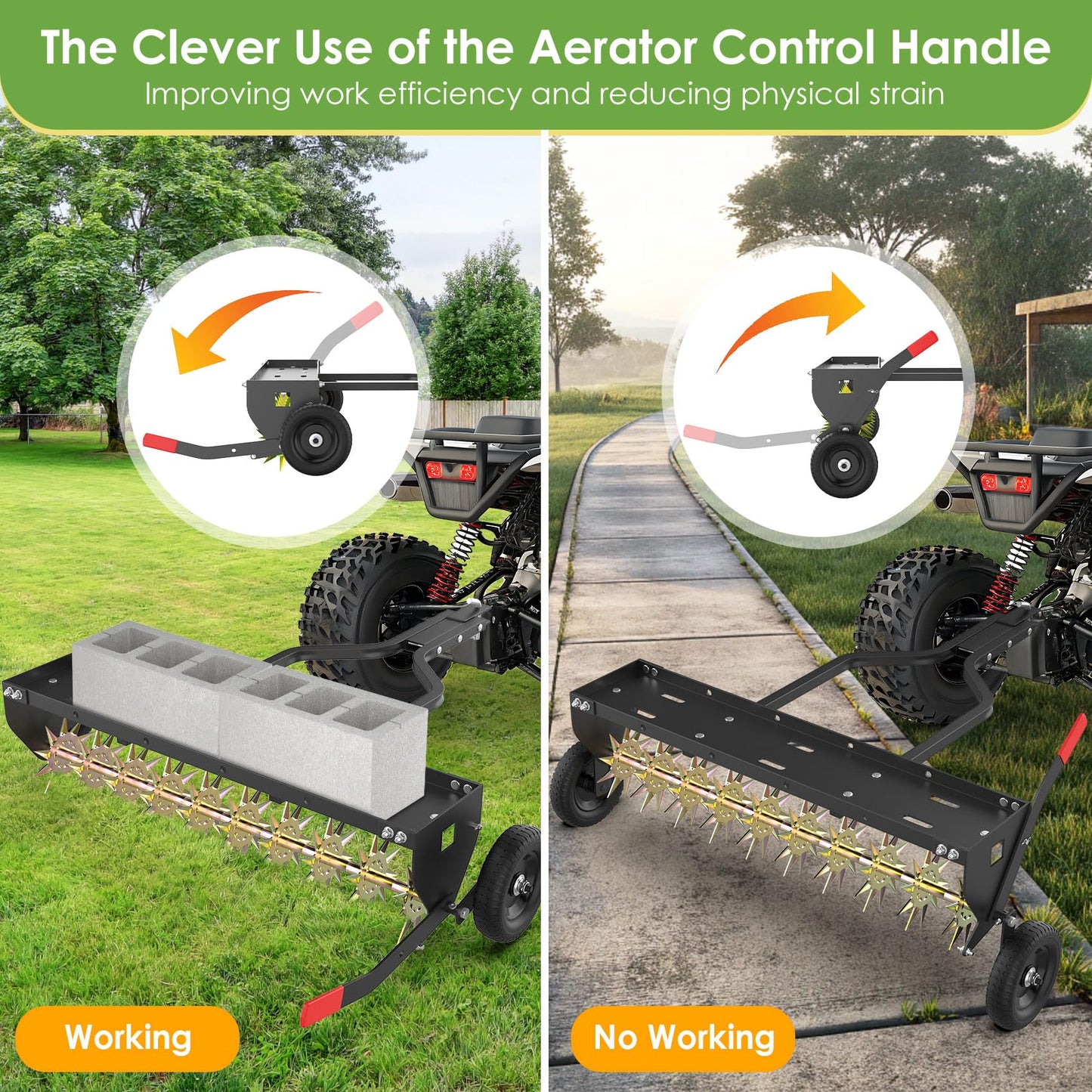 Seeutek 40 Inch Tow Behind Spike Aerator - Heavy Duty Rolling Lawn Aerator with 3D Steel Tines & Weight Tray, Extra-Wide Tow Bar Soil Penetrator Spikes Tractor with Folding Shovel for Lawn Garden Farm