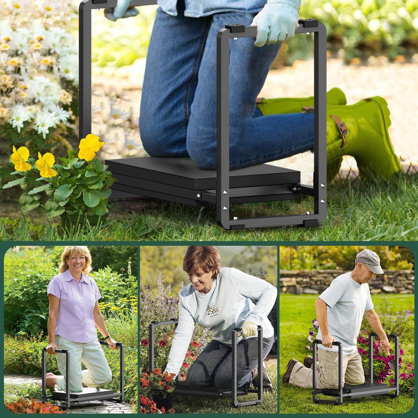 FLINTER Garden Kneeler and Seat, 10.2" Wider Heavy Duty Thick Gardening Bench for Kneeling and Seat - Multifunctional Kneeler Bench, Gardening Gifts for Women, Seniors Grandparents, Black
