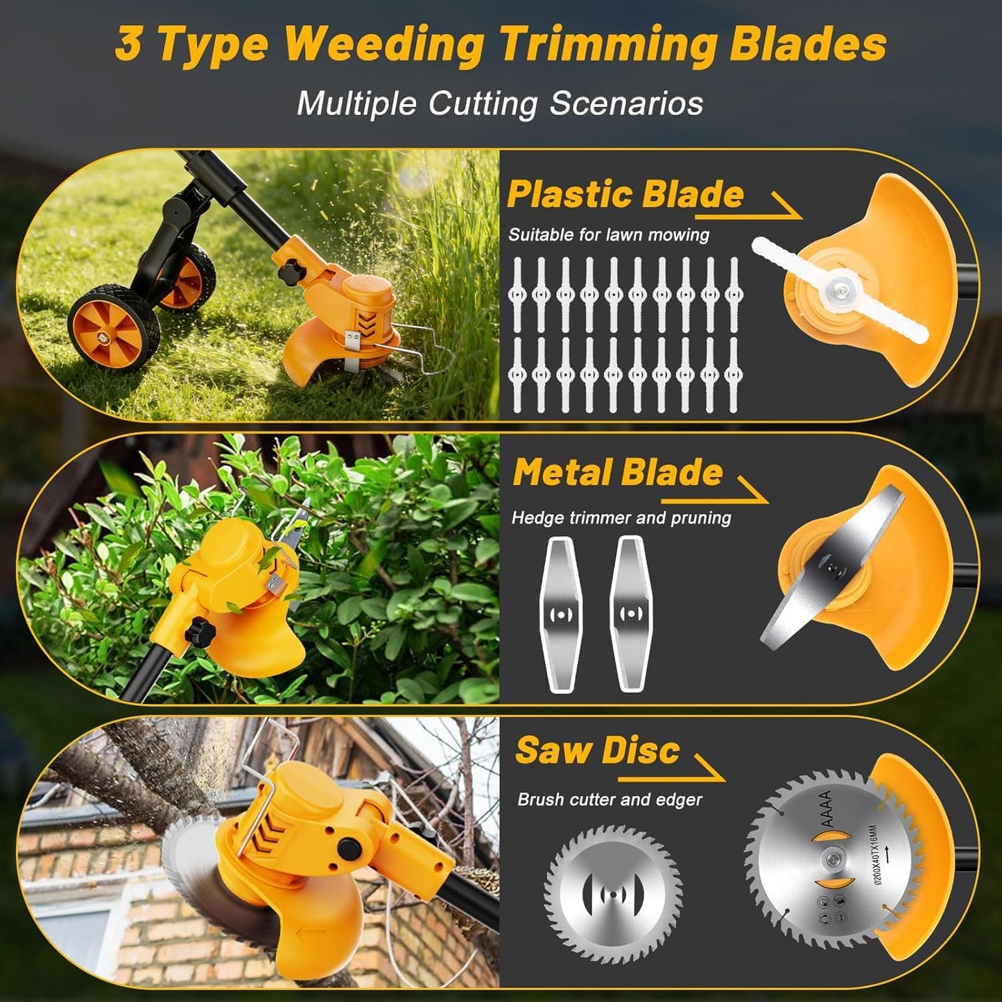 Electric Weed Wacker Cordless with Wheels,Electric Weed Eater Battery Powered 4000mAh,4 in 1 Grass Trimmer/Brush Cutter/Grass Edger/Small Lawn Mower,No String Trimmer with Blade, 2 Battery (Yellow)