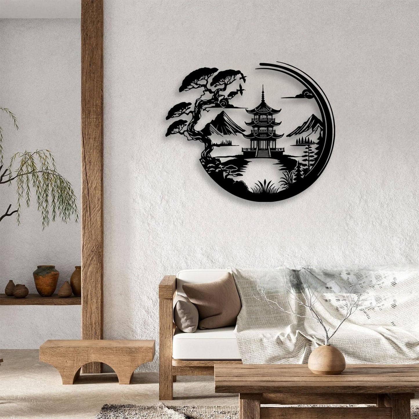LIYOUYA Bonsai Tree Torii Gate Metal Wall Decor - Japanese Style Room Decor Black Wall Art Home Decor for Living Room, Bedroom, Dining Room (Black)