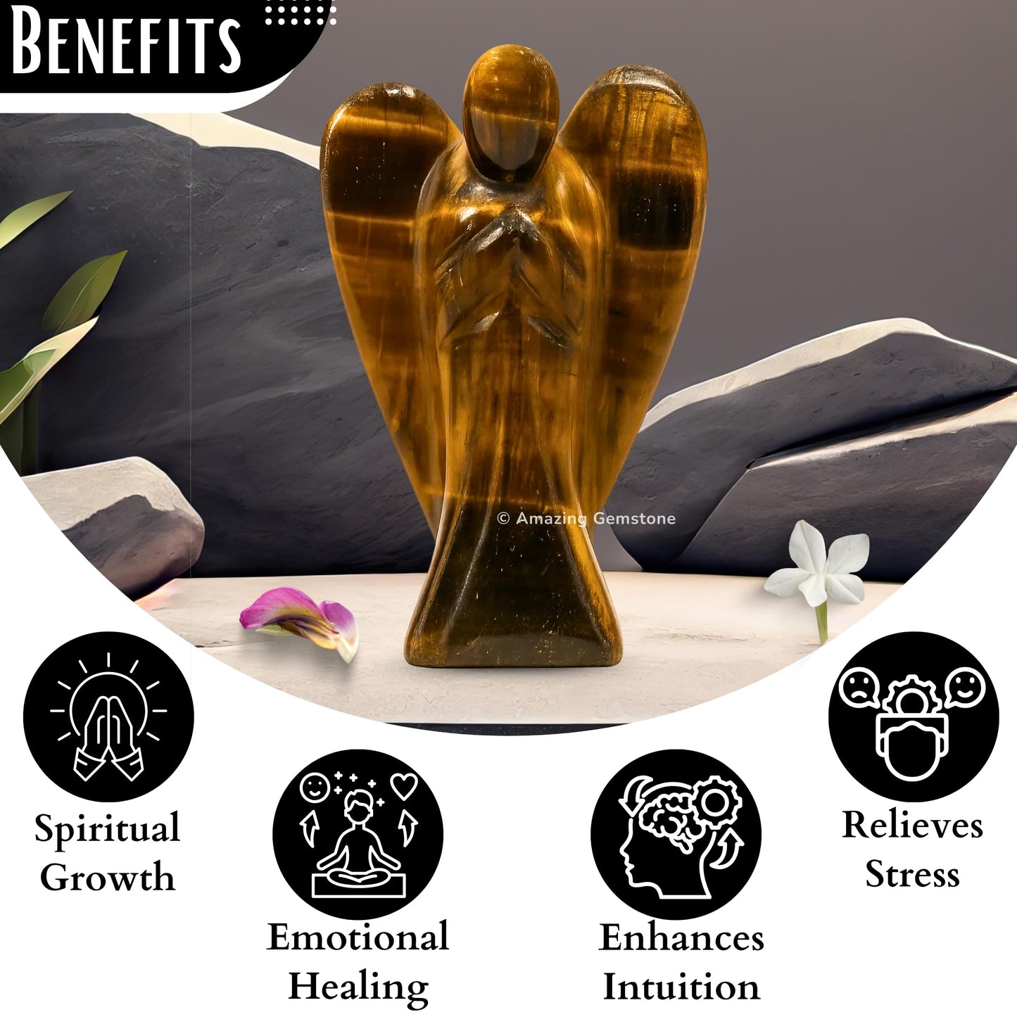 Amazing Gemstone Tiger Eye Angel - Tiger Eye Crystal Angel and Pocket Guardian Angel Crystal Figurines (3 inches)