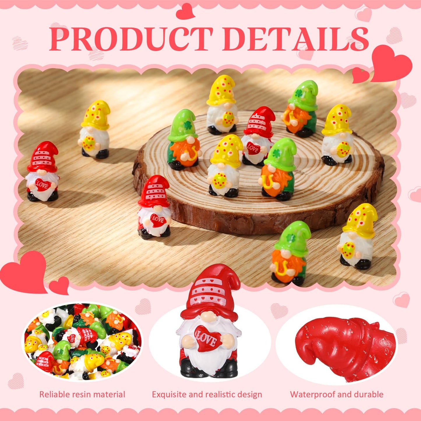 Qunclay 60 Pcs Mini Gnome Figurines, St. Patrick's Day and Easter Spring Decor, Shamrock Egg Heart Theme Resin Tabletop Ornaments for Tiered Tray, Home Table, Party Favors