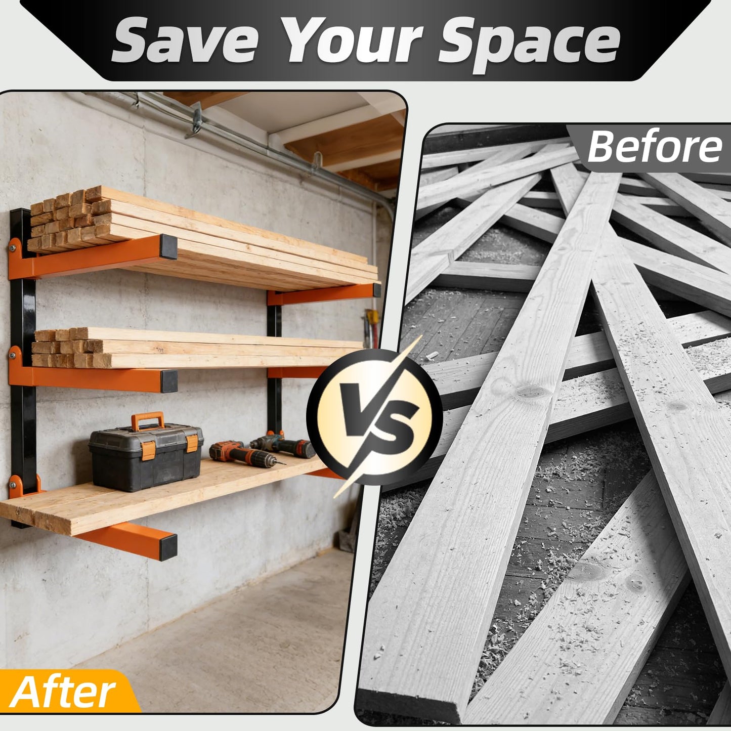 Dometrix Lumber Storage Rack Wall Mounted 2 Pack, Wood Organizer with 3-Level Holds Up to 660LBS, Heavy Duty Folding Metal Garage Organizer for Indoor and Outdoor, Orange