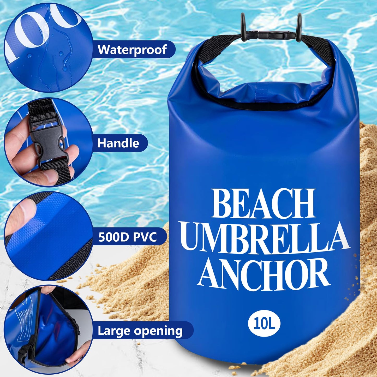 DECOHS 2 Pack Beach Umbrella Weight Sand Bags, 500D PVC Heavy Duty Summer Canopy Tent Sandbags, 10L/25LB Fillable Sun Umbrella Sand Anchor Bags for Outdoor Wind Resistant