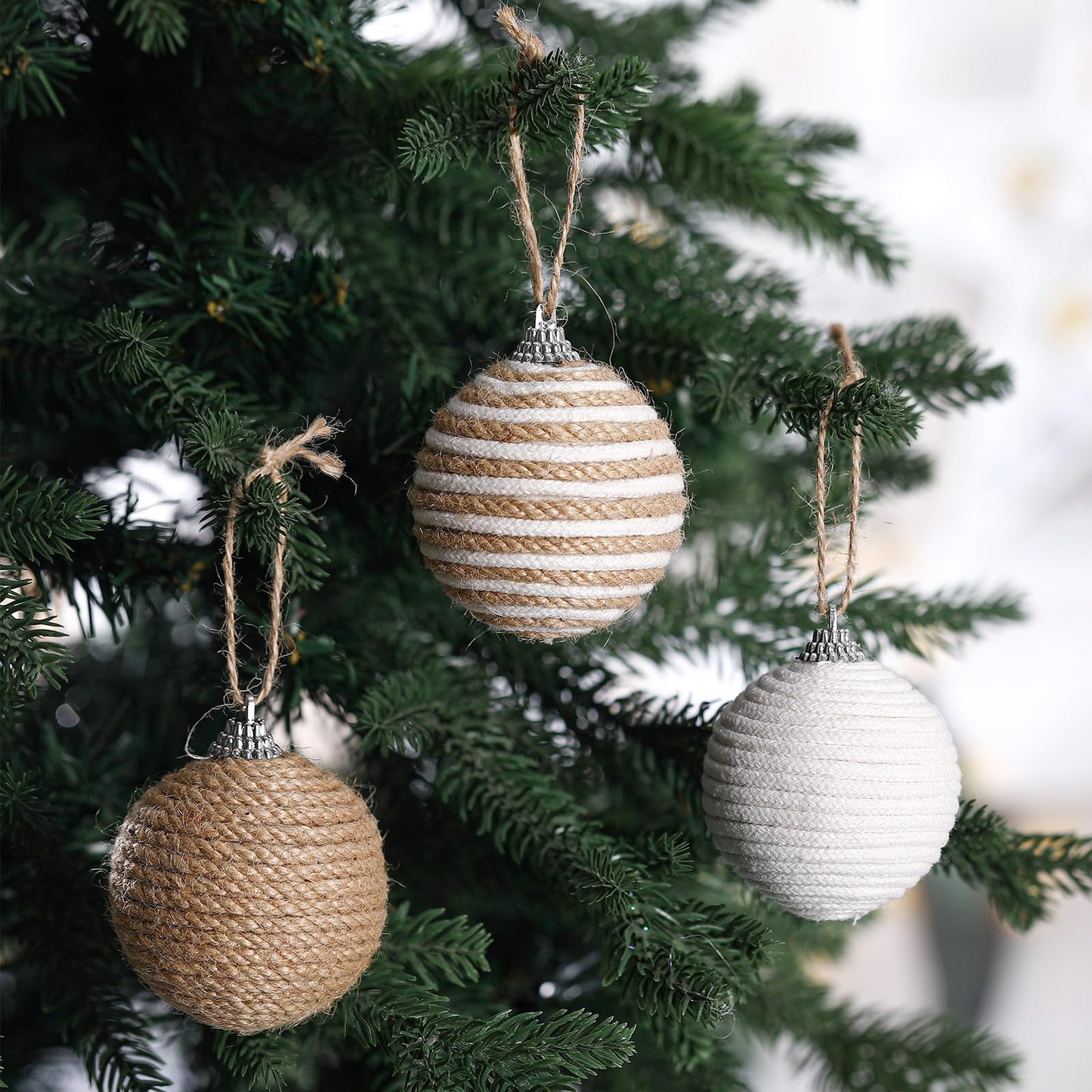 Syhood 9 Pcs 2.36 Inch Christmas Ball Ornaments Boho Farmhouse Jute Rope Hanging Balls Burlap Neutral Rustic Ornaments for Xmas Tree Holiday Wreath Garland Wedding Home(Linen, Cream White)
