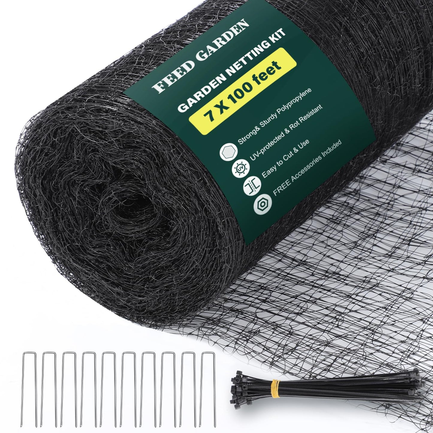FEED GARDEN Heavy Duty Deer Netting - 7x100ft UV-Protected Garden Fence with 3/4" Fine Mesh - Includes 10 Stakes & 50 Zip Ties for Easy Installation