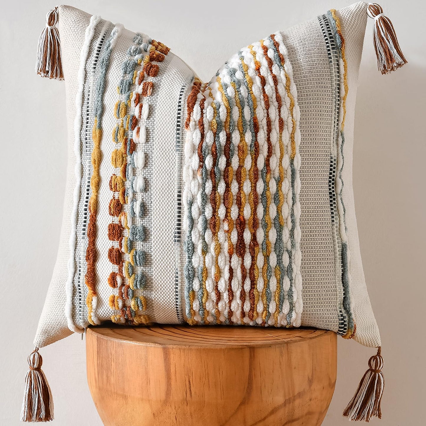 AmHoo Chenille Striped Textured Boho Throw Pillow Covers Aesthetic with Tassels Woven Decorative Pillow Case for Couch Bed Sofa Bedroom Modern Funky 18 x 18-Inch Brown