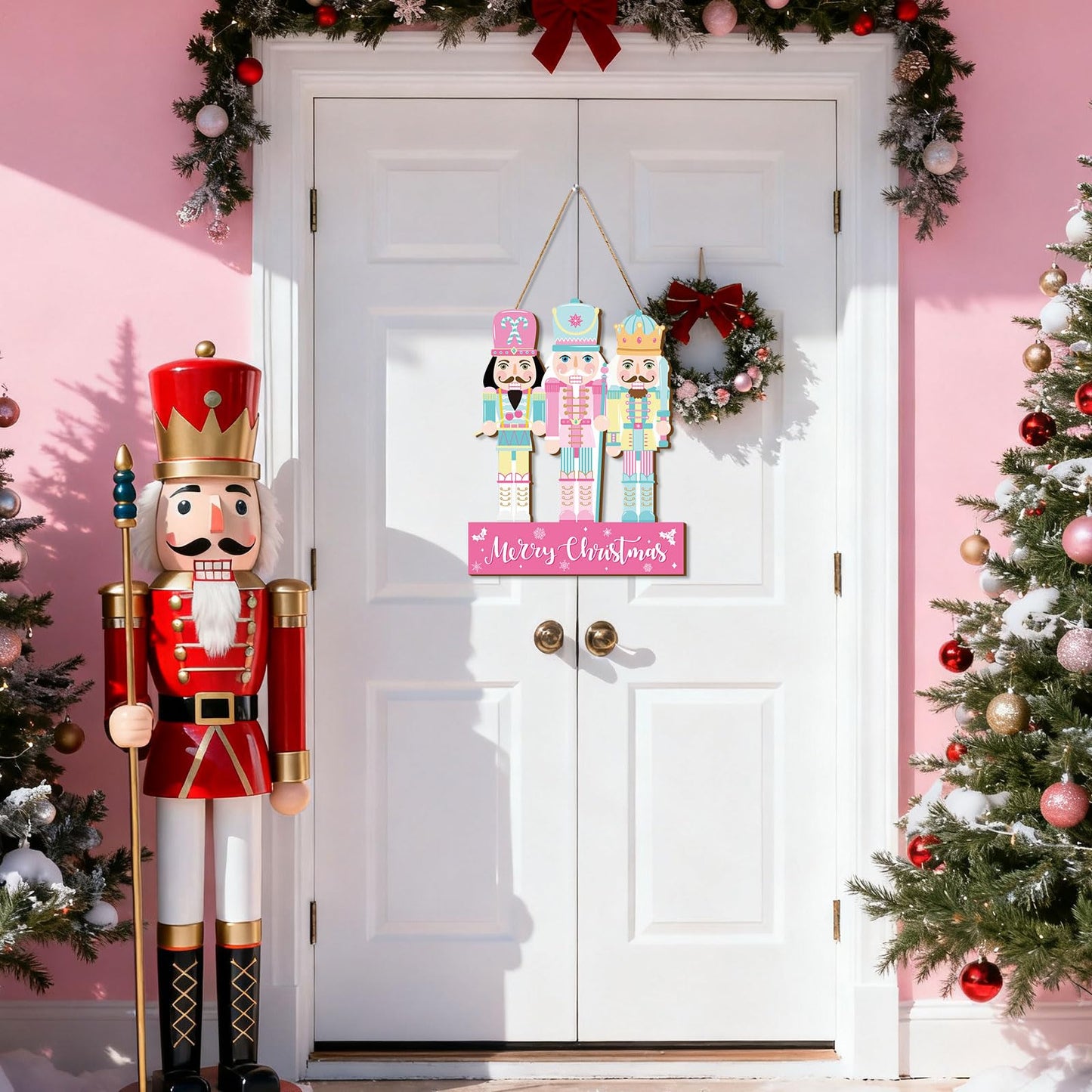 Whaline Christmas Wooden Hanging Sign Xmas Pink Blue Nutcracker Welcome Wood Sign Holiday Door Decor Signs for Indoor Outdoor Porch Wall