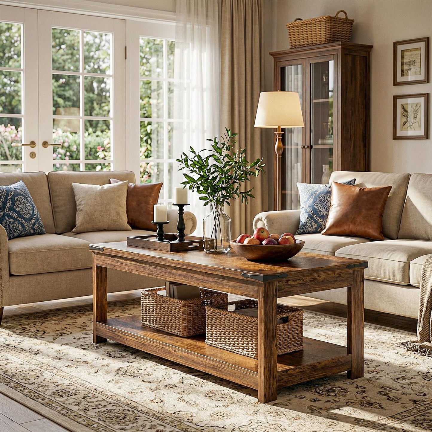 Homieasy 43.3” Rectangular Coffee Table with Storage Shelf, Farmhouse Wood Center Table for Living Room, Modern Black Tea Table with Open Shelf, Rustic Brown