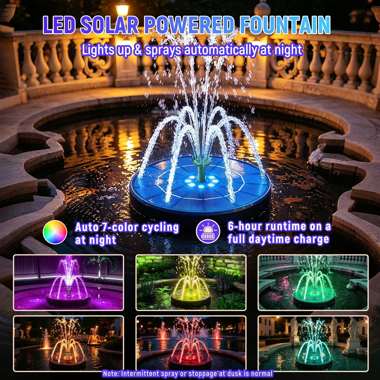 Marchul 3.5W Solar Fountain for Bird Bath Colorful Light with 2200mah Battery, 2026 Upgrade 4-in-1 Nozzles Solar Water Fountain Powered with 4X Fixer Floating Solar Pump for Garden, Pond, Pool