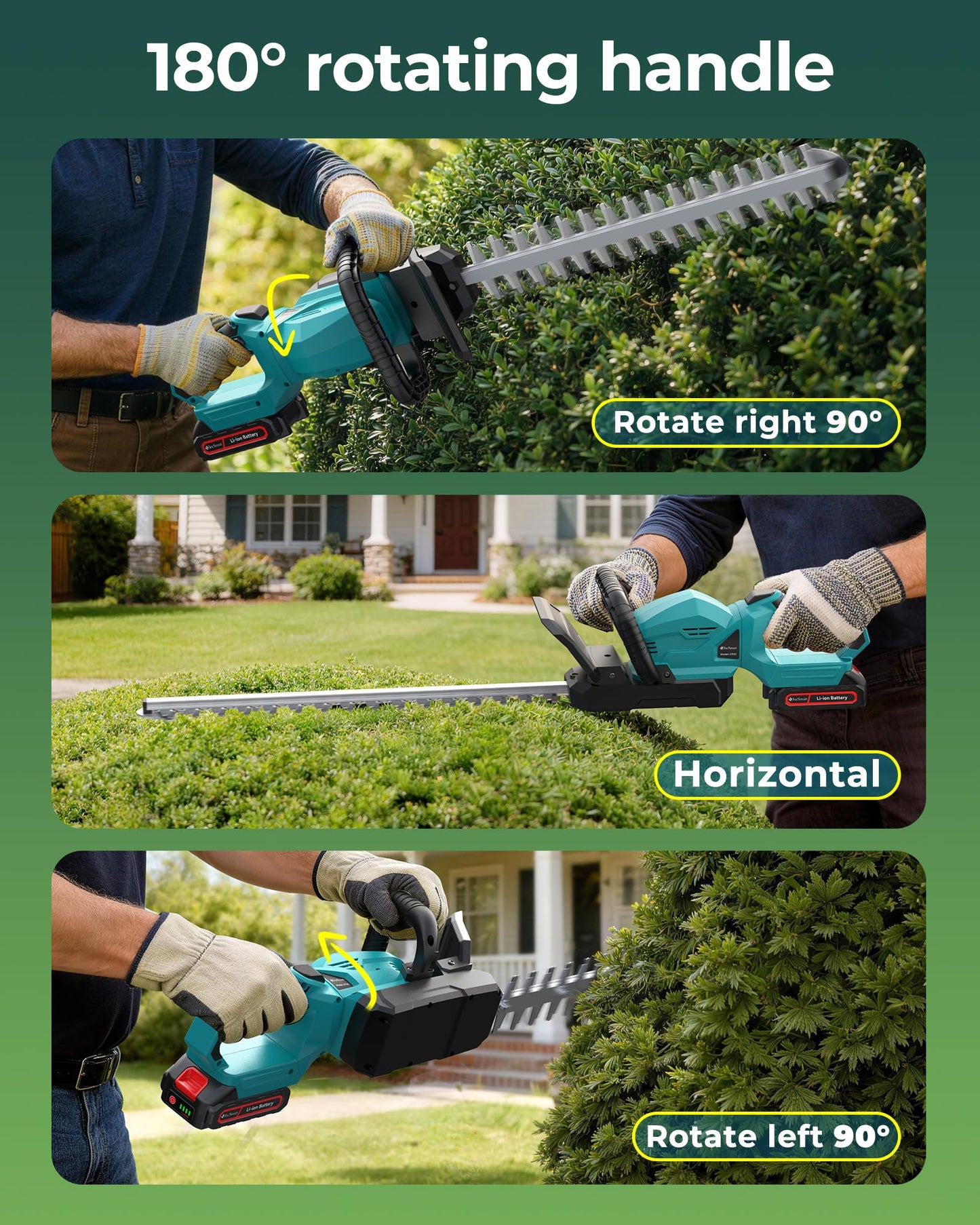 22'' Cordless Hedge Trimmer with 2 Rechargeable Batteries & Charger, 3000RPM Brushless Electric Handheld Bush Clipper, 180° Rotatable Head, 2/3'' Blade Gap, Gardening Gifts for Mother’s Day