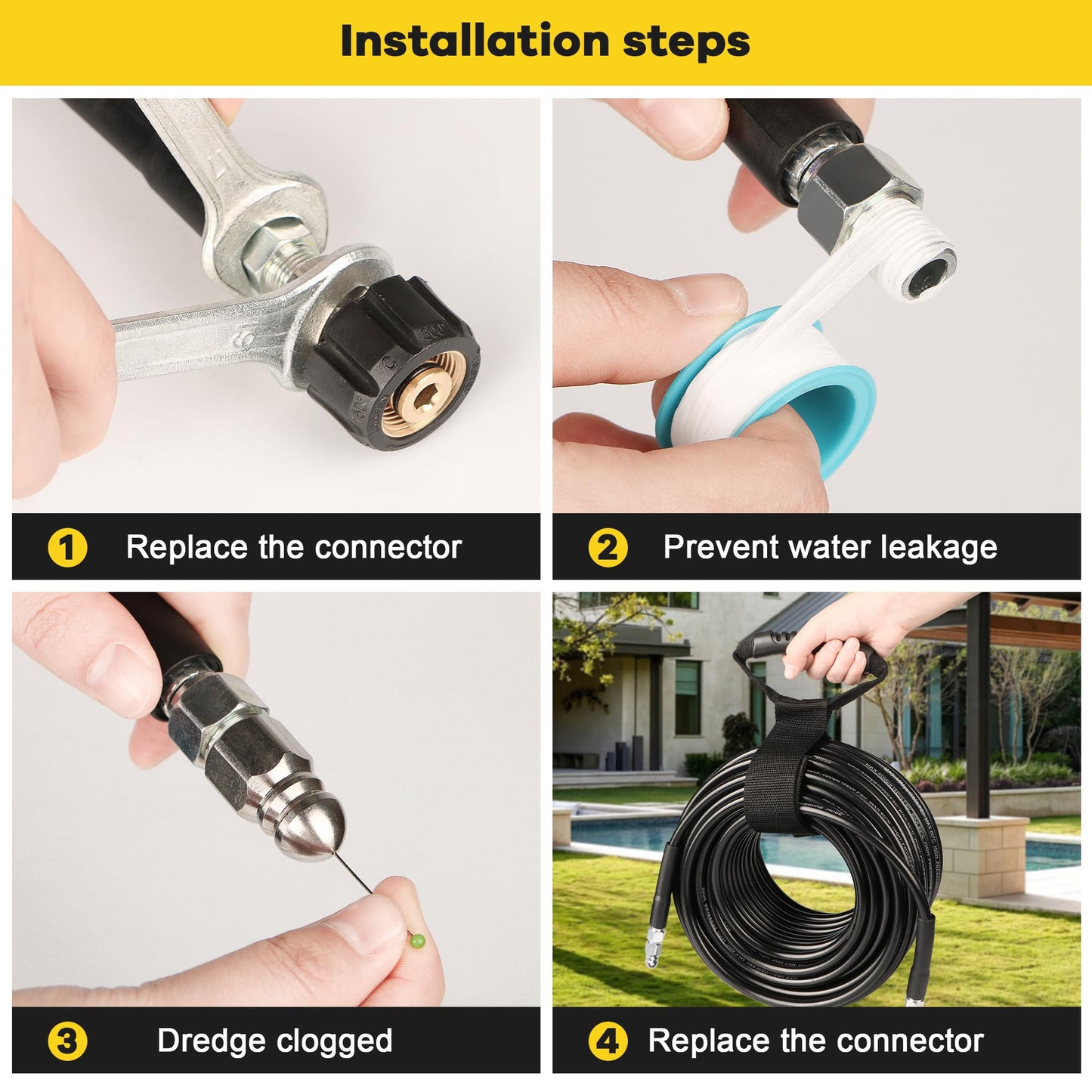 Pressure Washer Drain Jetter – Sewer Jetter Kit for Pressure Washer 50ft 1/4 Inch NPT Hose Nozzles and Adapter 5800PSI Clears Clogs in Pipes & Sewer Lines