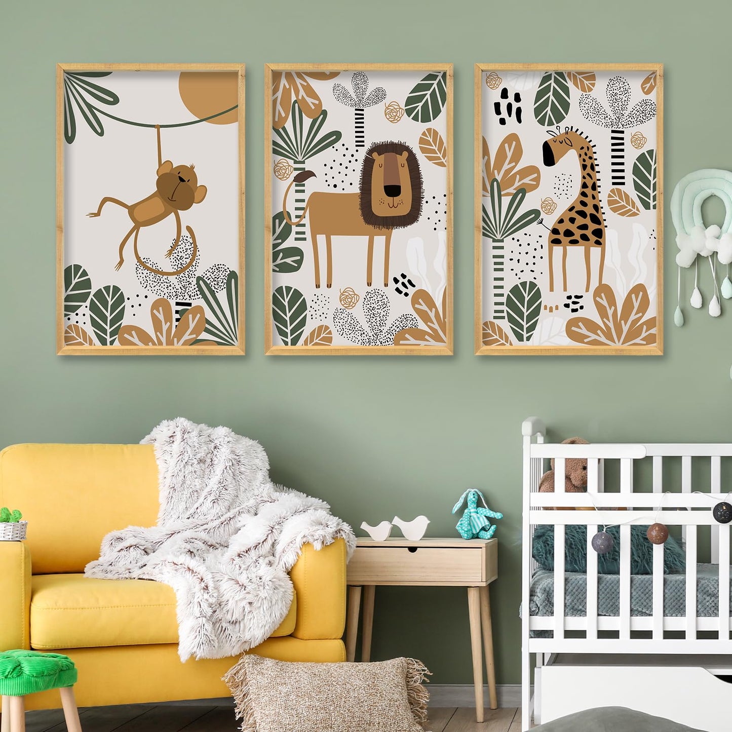 comurdyo Kids Cute Animal Wall Art Set of 3 Framed Safari Prints Cartoon Lion Monkey Giraffe Sign 16×11 Inch for Baby Room Toddler Nursery Children's Room Boho Rustic Wood Framed Hanging Decor (Wood)