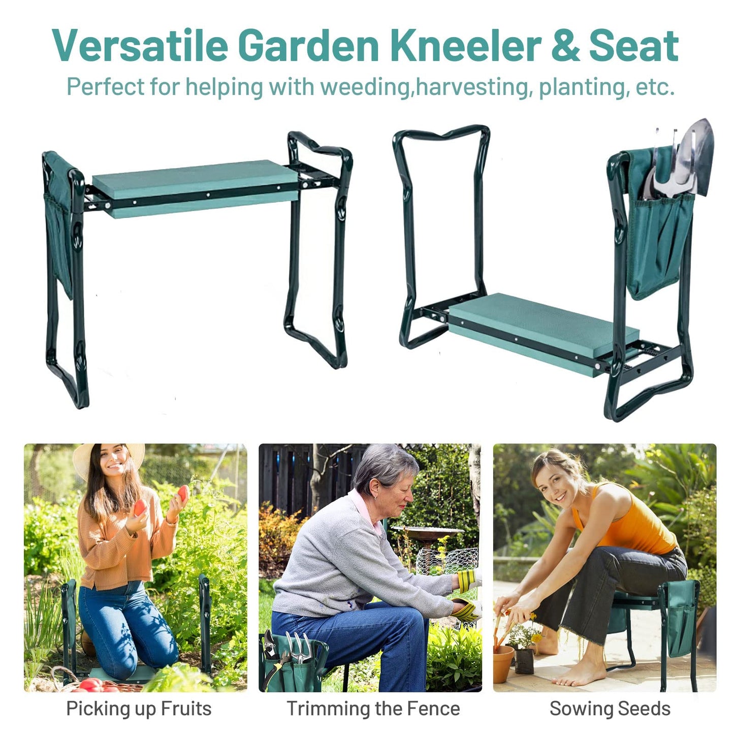 OFFICEJOY 2-in-1 Garden Kneeler & Seat, Folding Seat w/EVA Foam Kneeling Pad & Removable Tools Pouch, Sturdy Steel Frame, No Assembly, Portable Heavy Duty Garden Stool for Women & Men