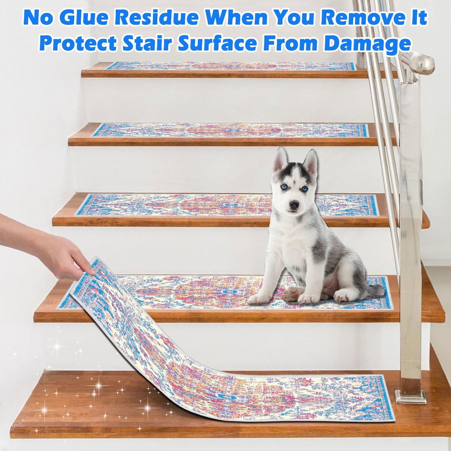 Non Slip Stair Treads Carpet Mat, 30in X 8in Indoor Stair Runners for Wooden Steps, Rubber Backing Edging Stair Rugs for Kids Elders and Pets(Blue/Beige,15PCS)