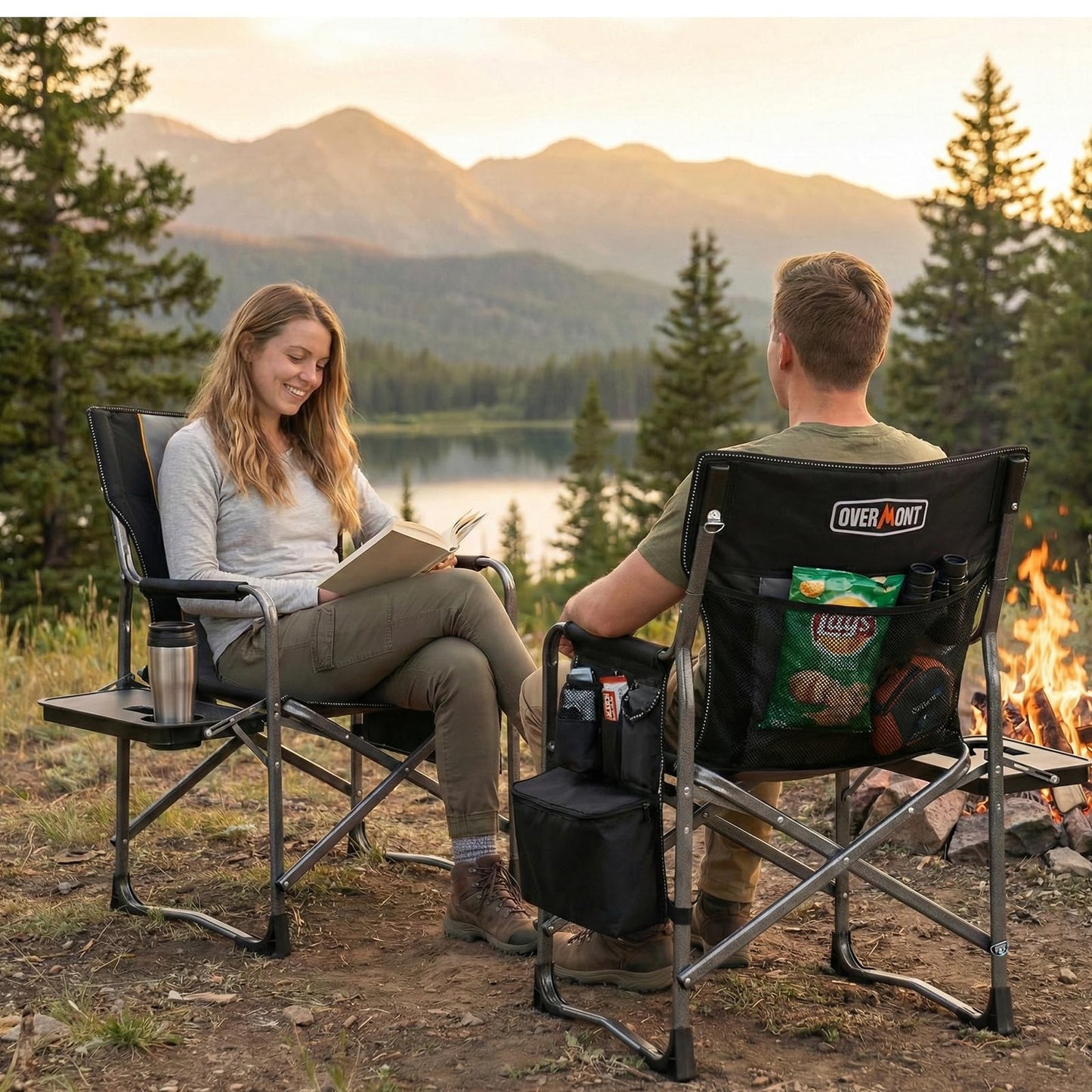 Overmont Oversized Lightweight Camping Chair - Portable Comfortable Heavy Duty Foldable Directors Chairs with Side Table & Cooler Bag for Outside Camp Beach Picnic Lawn and Fishing Supports 400lbs