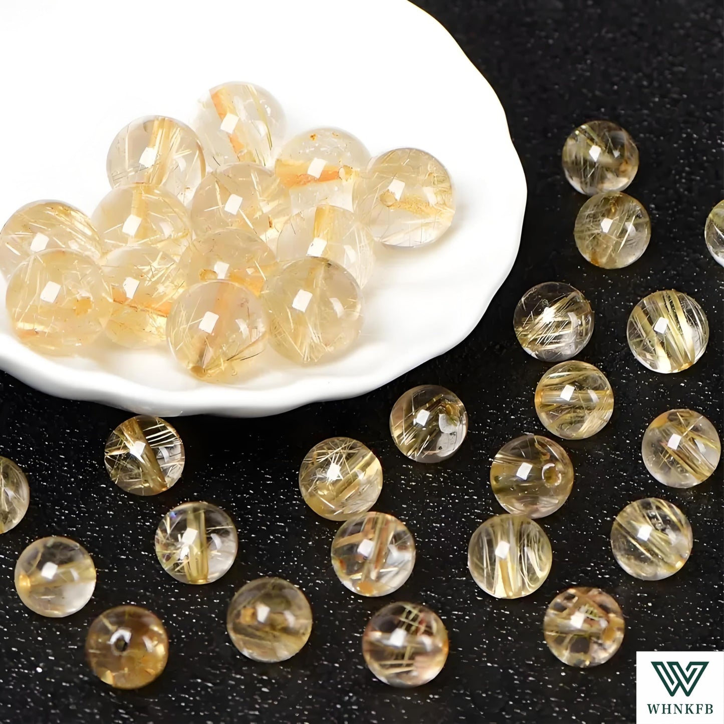 WHNKFB 8mm 50PCS Natural Golden Rutilated Quartz Round Beads, High Clarity Loose Crystal Beads for Jewelry Making Craft - 6mm 8mm 10mm Options with Free Elastic Cord