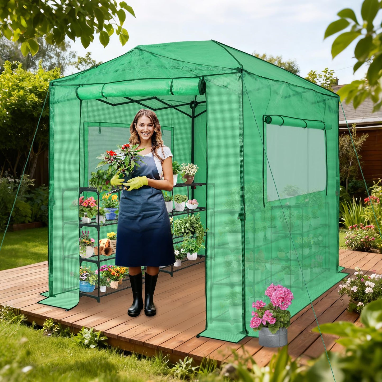 EAGLE PEAK 8x6 Portable Walk in Greenhouse, Pop Up Indoor Outdoor Greenhouse, Green House Kit with Zippered Roll-Up Doors and Windows, PE Cover, Clear/Green