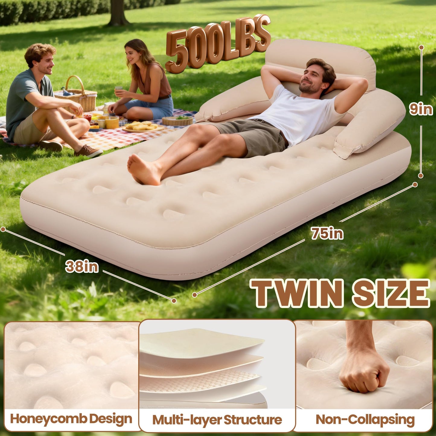 MeiLyte Inflatable Bed Twin Size, Inflatable Couch for Adults with Flocked Surface, Inflatable Air Mattress with Backrest, Comfortable Inflatable Sofa Bed, Inflatable Couch for Camping,Outdoor, Indoor