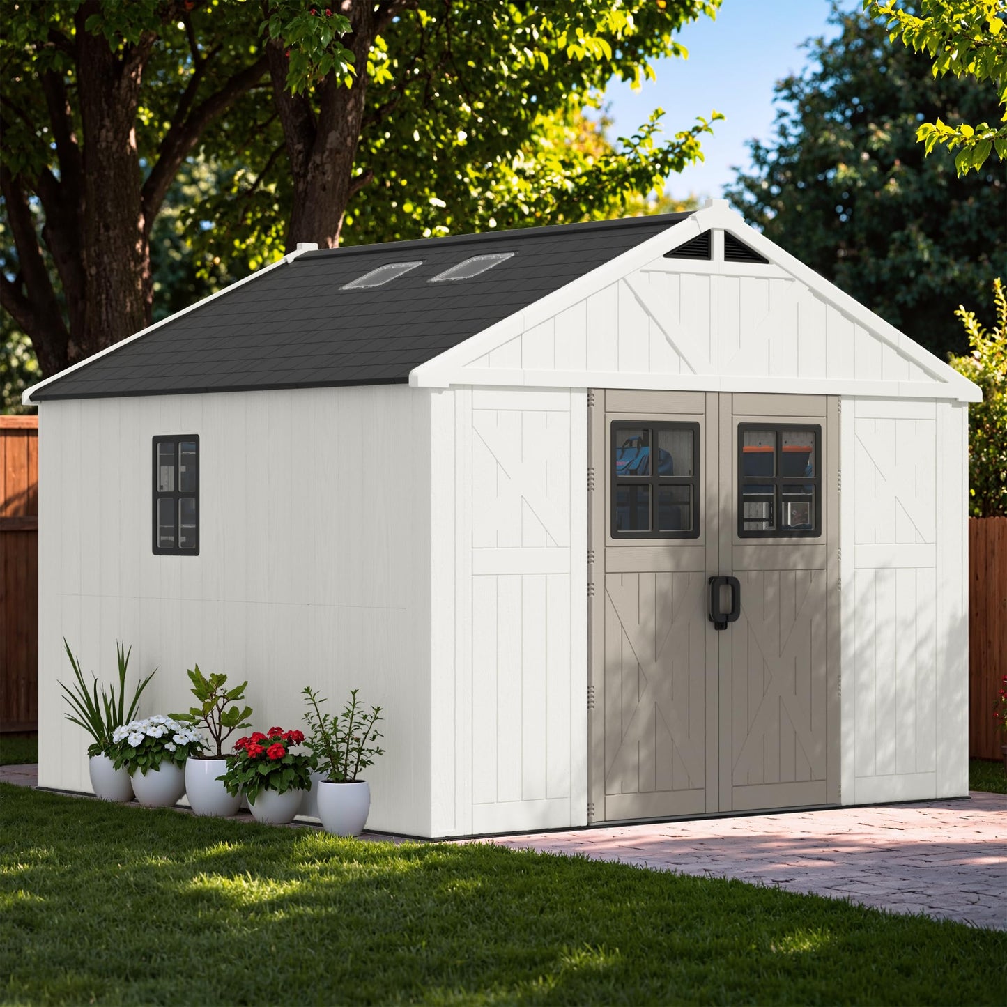 Greesum 10×10FT Plastic Outdoor Storage Shed with Floor and Lockable Door, Resin Sheds with Windows and Skylights, Organization for Garden, Lawn, Backyard, Beige