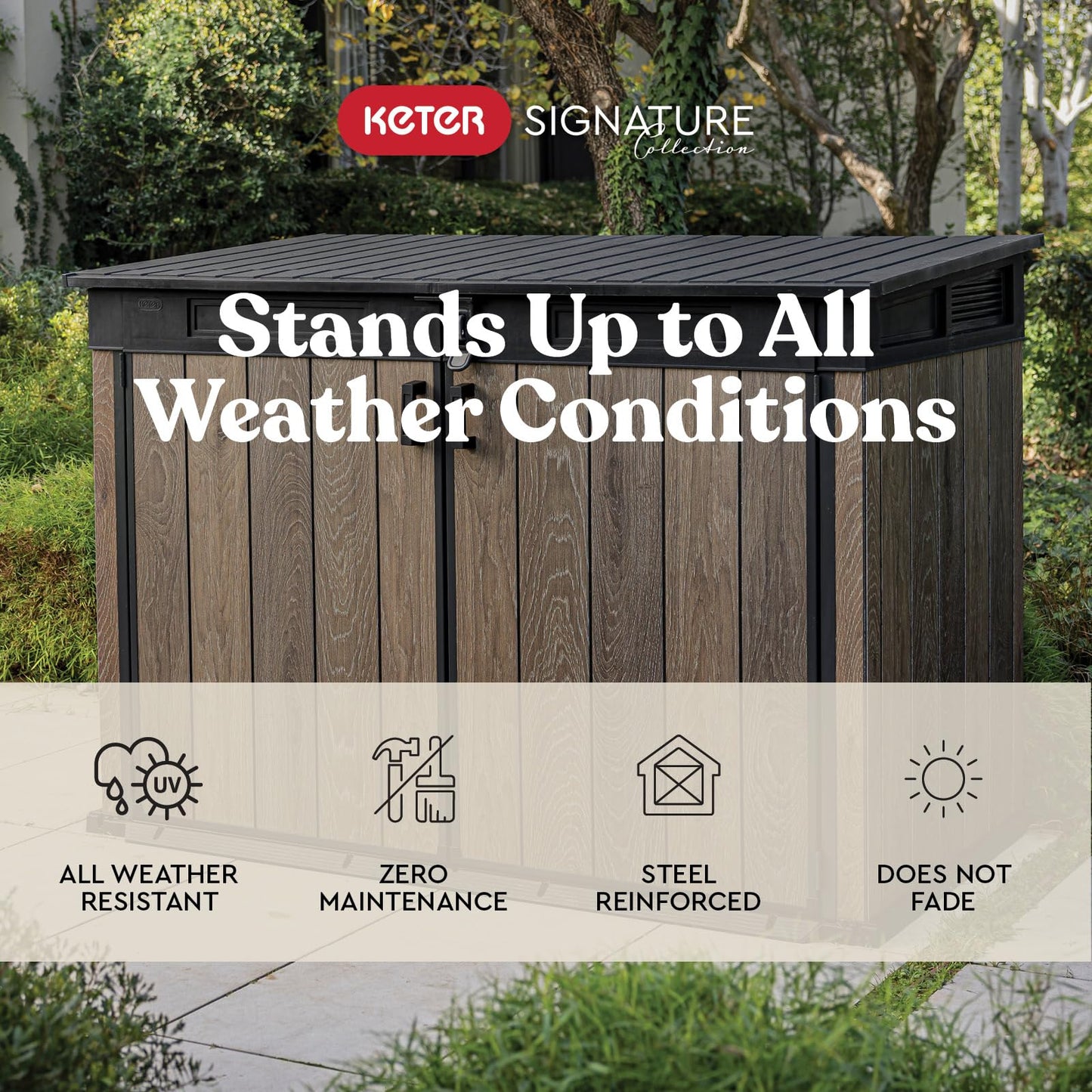 Keter Signature Collection All Weather Outdoor Storage Shed – Durable Resin Garden Shed with Built‑in Ventilation, & Lockable Double Doors – Walnut Finish