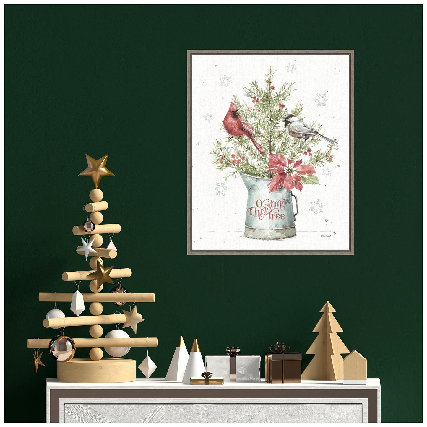 Amanti Art Framed Canvas Wall Art 20x16 A Christmas Weekend II with Chickadee by Lisa Audit, Framed Wall Art Canvas, Holidays Artwork, Rustic Farmhouse Decor, Small Painting for Living Room, Bedroom