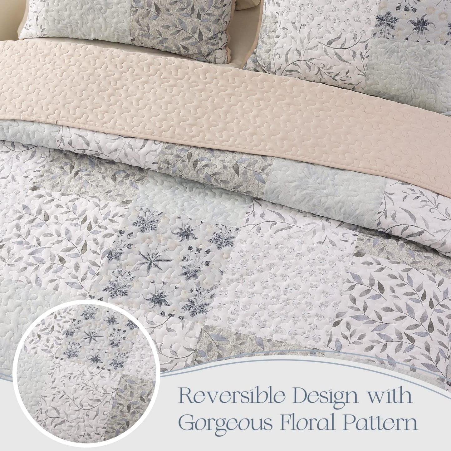 Exclusivo Mezcla Reversible Boho Quilts Queen Size, Gray Bedspreads Lightweight Coverlet All Season Patchwork Quilt Bedding Set with Printed Floral Pattern (1 Quilt, 2 Pillow Shams)