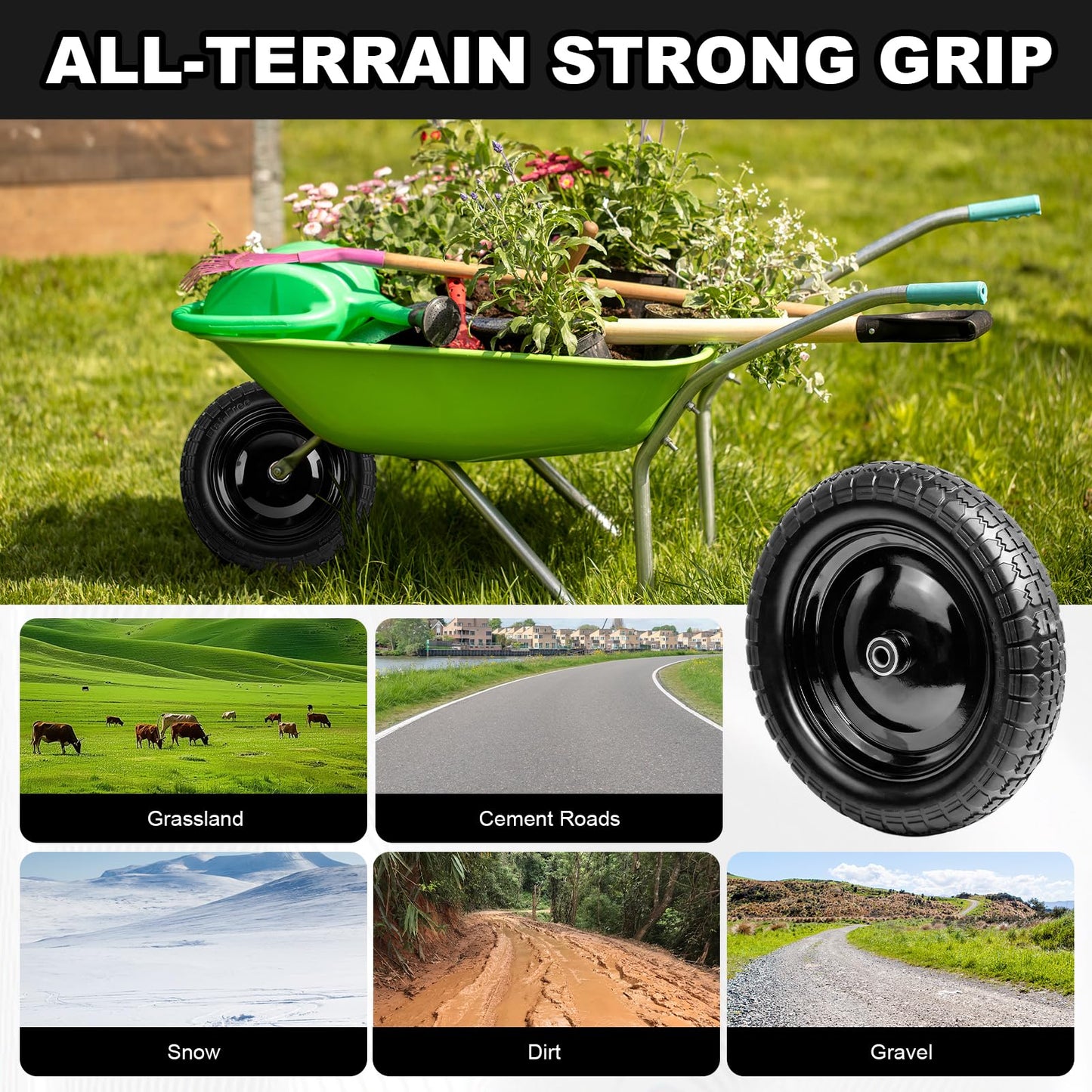 DGSL 1-Pack 4.80/4.00-8 Tire - 14.5" Flat-Free Tire Wheelbarrow Tire with 3" Centered Hub, 5/8" 3/4" Bearings, Heavy Duty Replacement Tires for Gardening & Yard Work