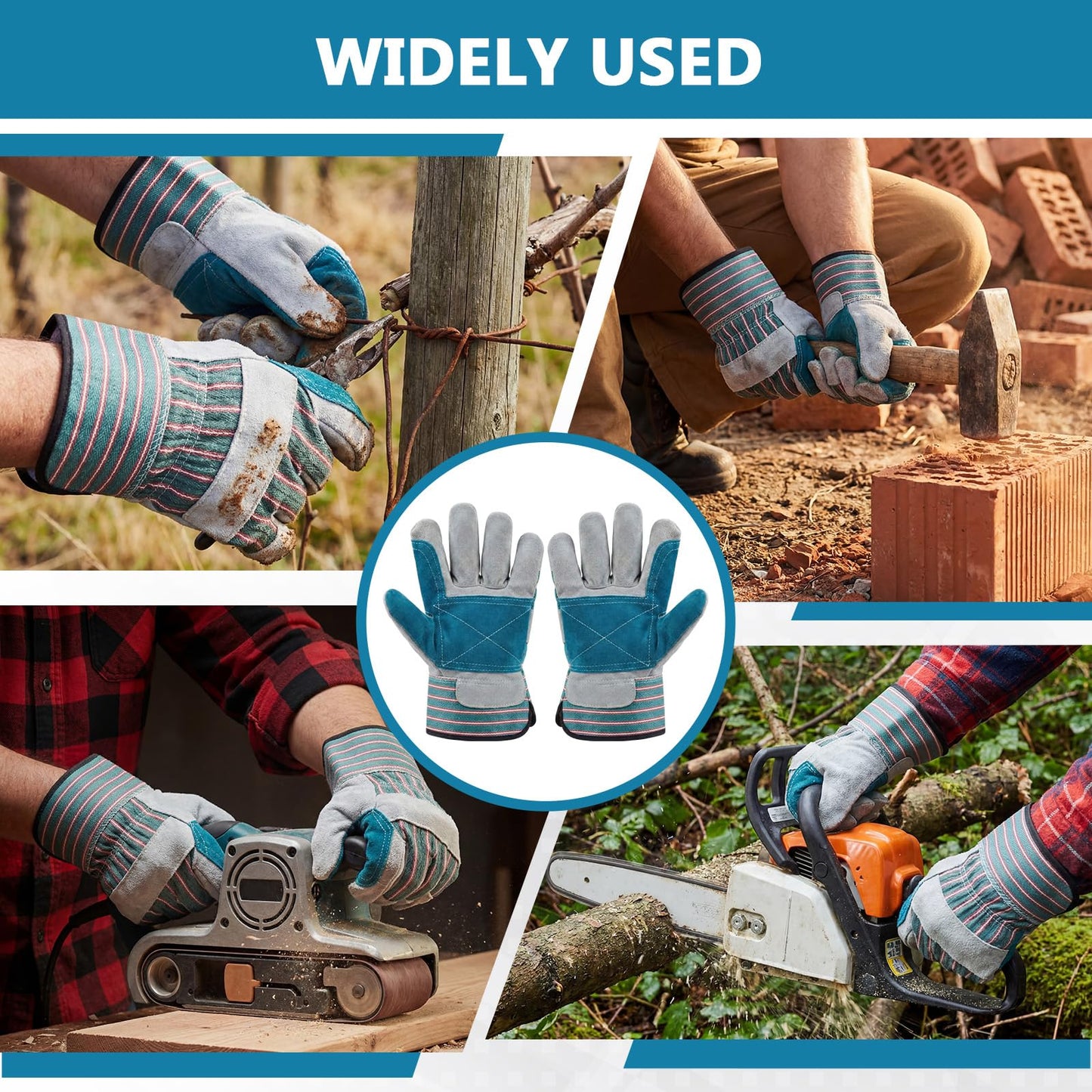 Ferrochef 12 Pairs Leather Work Gloves Bulk for Men Women Heavy Duty Leather Yard Gardening Gloves with Reinforced Palms Safety Cuff (Blue)