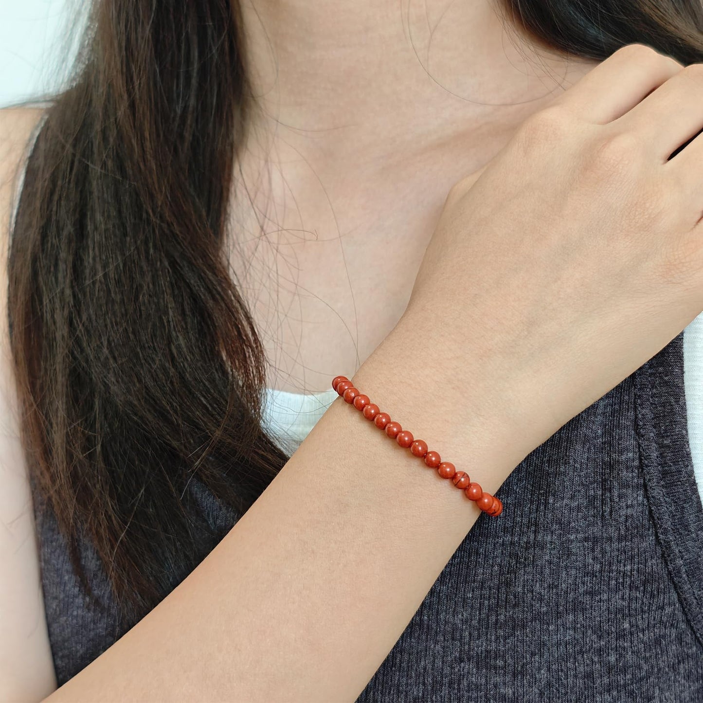 CHCCOYE 4mm Natural Healing Gemstone Bracelet Handmade Yoga Stretch Elastic Bracelet Stress Relief Crystal Jewelry for Men and Women (4mm, Red Jasper)