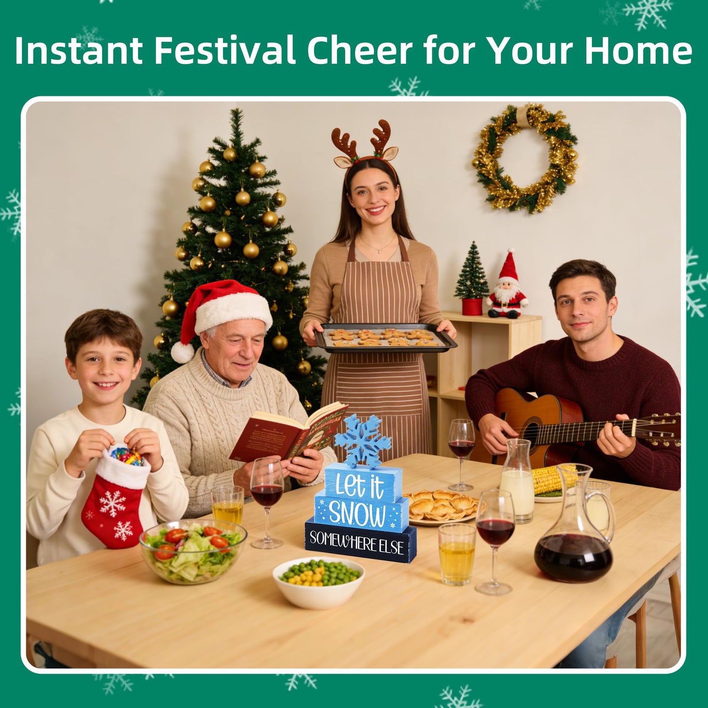4 Pcs Christmas Wooden Tiered Tray Decor, Snowflake Christmas Decorations Gifts for Home, Winter Table Centerpiece for Xmas Party Kitchen Office