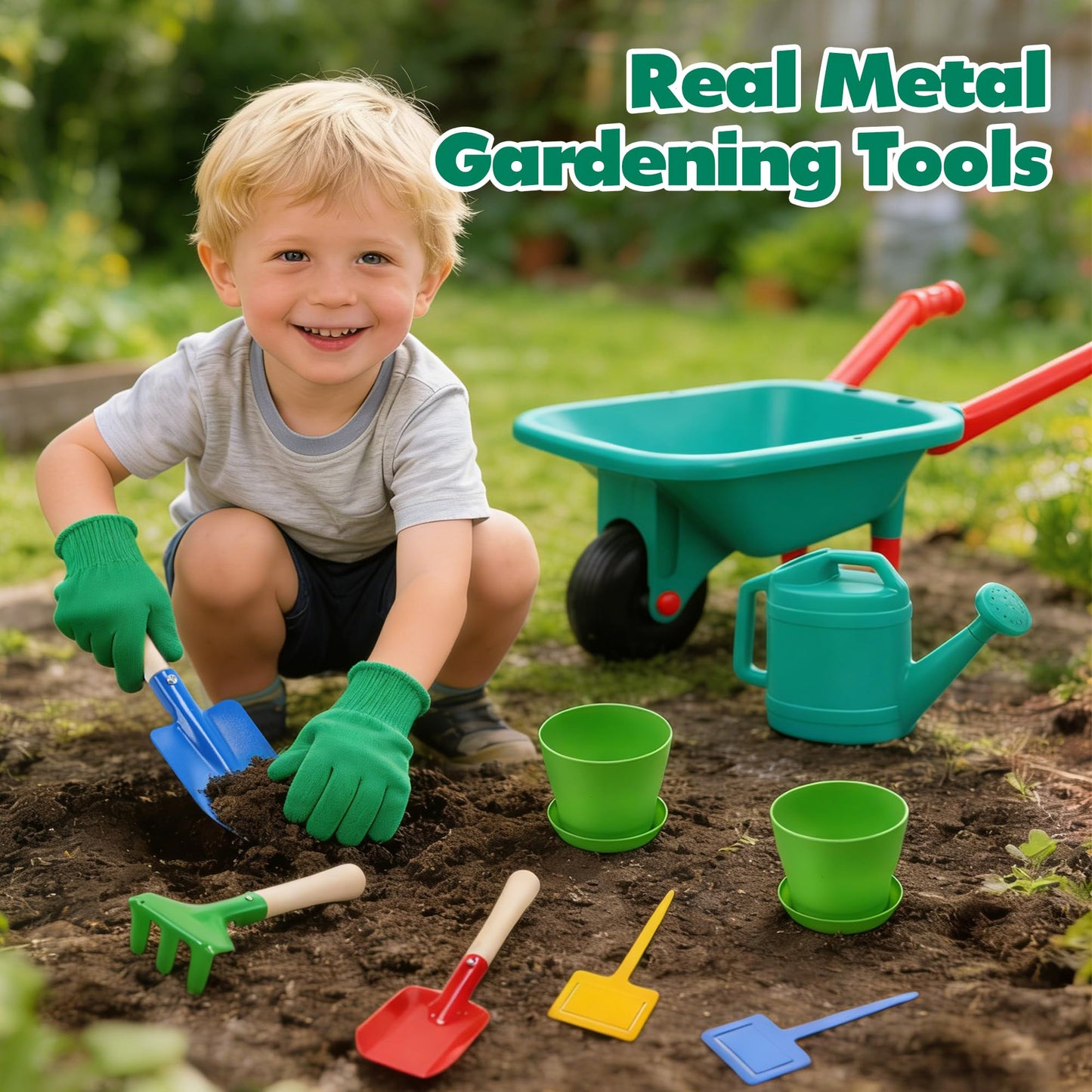 CUTE STONE Kids Gardening Set with Toy Wheelbarrow, Indoor & Outdoor Yard Play, Kids Garden Tools & Toddler Gardening Kit with Gloves, Pots & Watering Can, Educational Garden Toys for Boys & Girls
