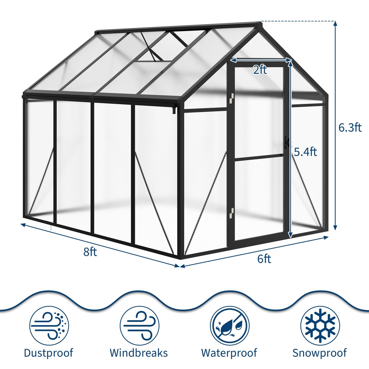 6X8 Ft Polycarbonate Greenhouse Sunroom with Aluminum Frame, Outdoor Greenhouse for Vegetables Herbs Flowers, Lockable Door & Adjustable Roof Vent, Patio Backyard Greenhouse Kit for Gardening, Black