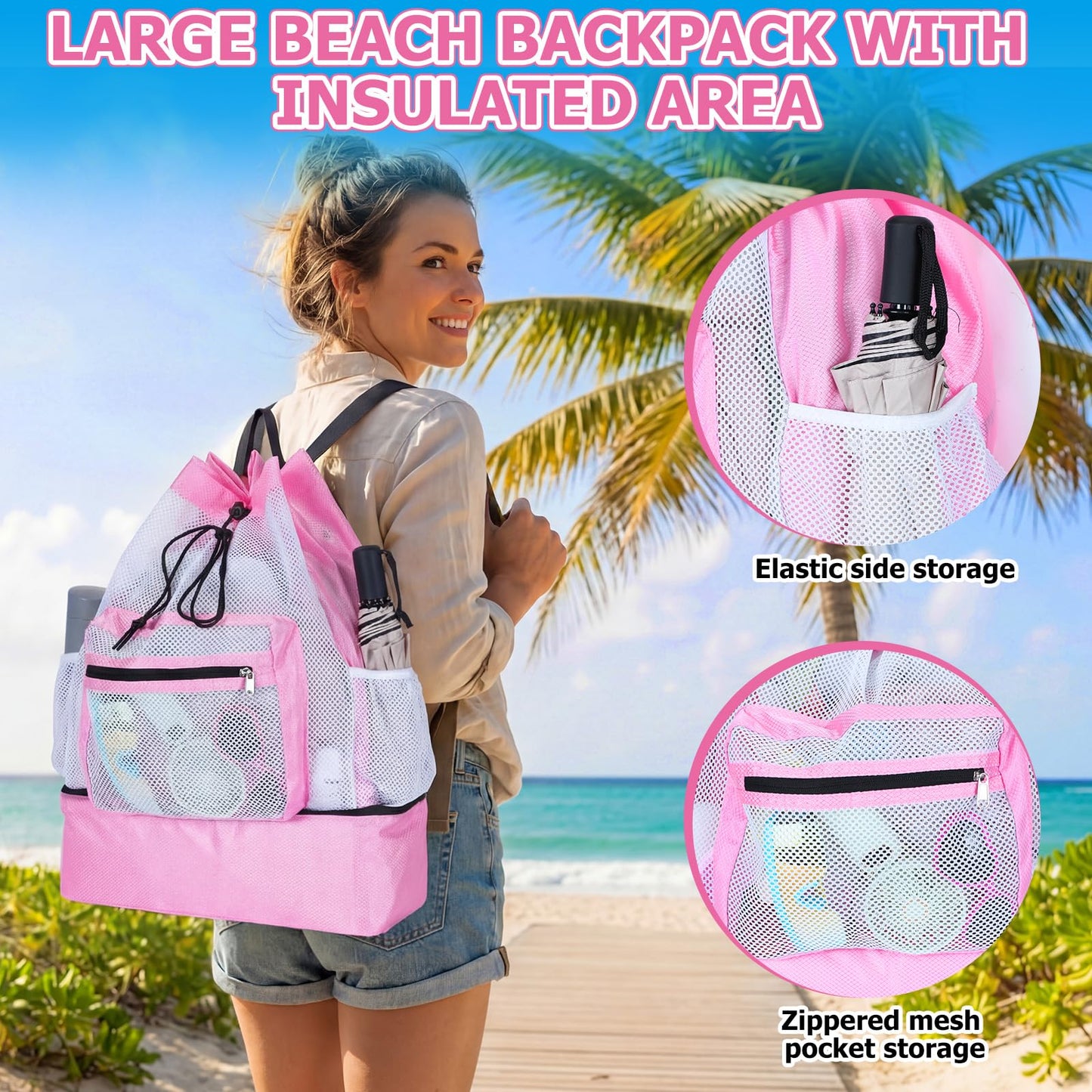 Pink Mesh Beach Drawstring Backpack with Cooler Beach Bags Sandproof Swim Bags Leakproof with Zipper for Seaside Pool Travel