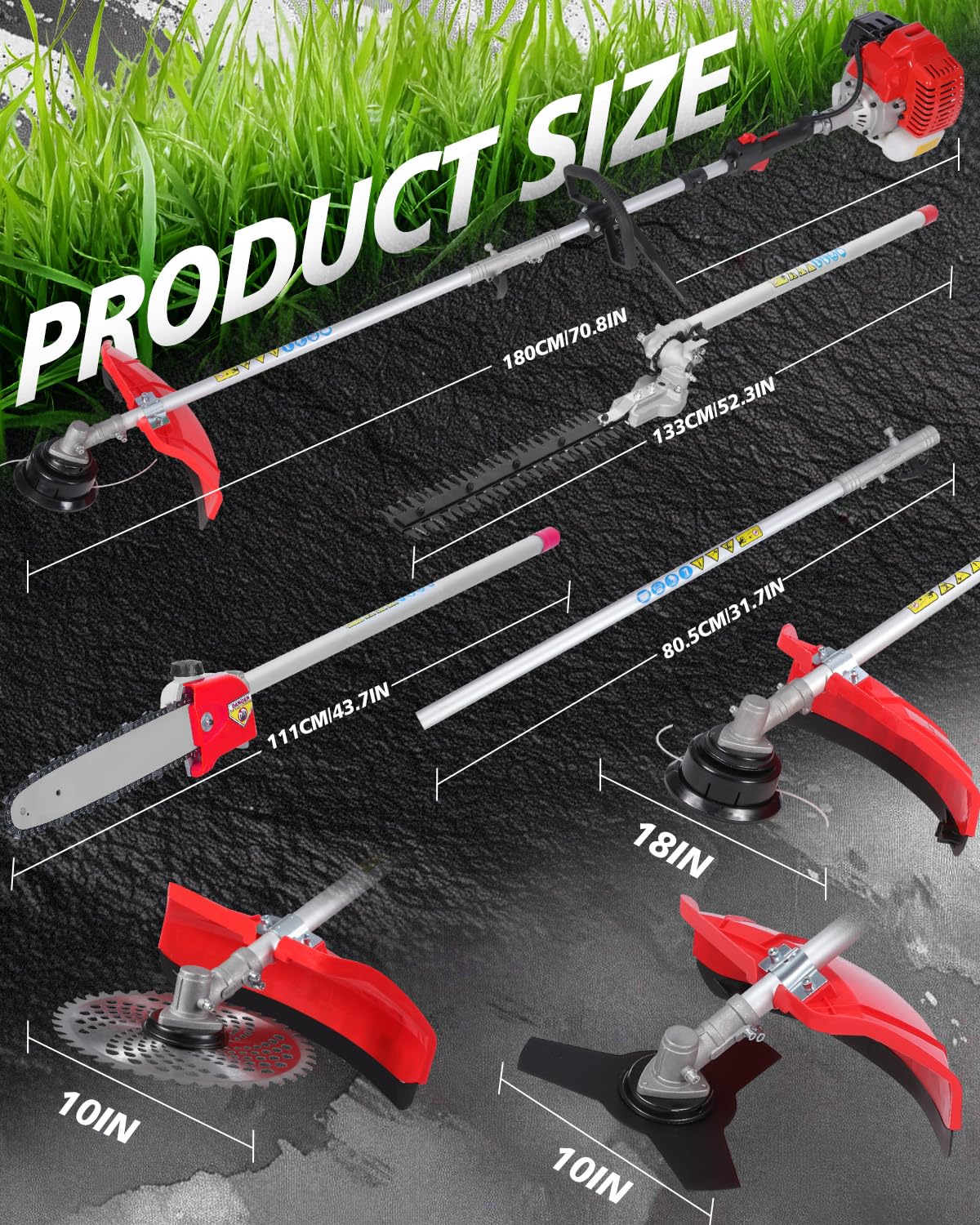 WTHW 52CC Gas Weed Wacker & Weed Eater Multi-Tool - Heavy Duty Brush Cutter, Pole Saw, Hedge Blade, String Line & 40-Inch Extension - Anti-Vibration Design, Fast Cold Starts (Red)