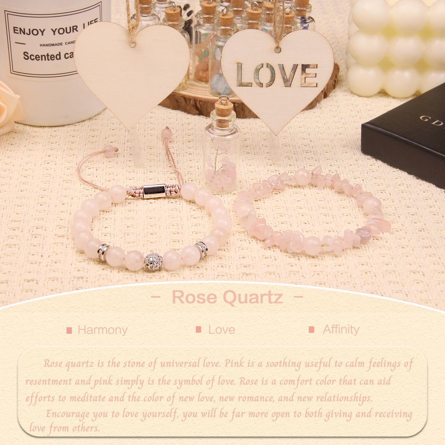 GDLKPYHS 2Pcs Rose Quartz Bracelet for Women - Crystals and Healing Stones Bead Bracelets Handmade Natural Gemstone Jewelry Unique Gifts for Women