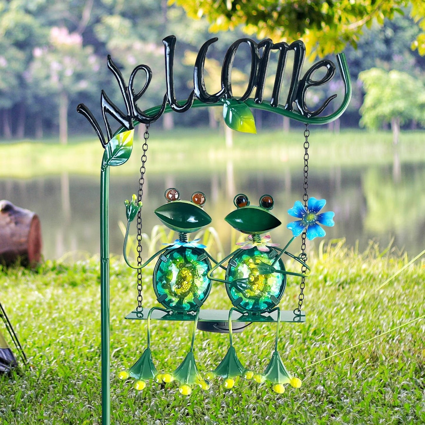 HONGLAND Solar Lights Outdoor Waterproof, Frog Swing Garden Decor, Frog Decorative Stake with Welcome Sign Landscape Patio Yard Gifts for Women Mom (48 inch)