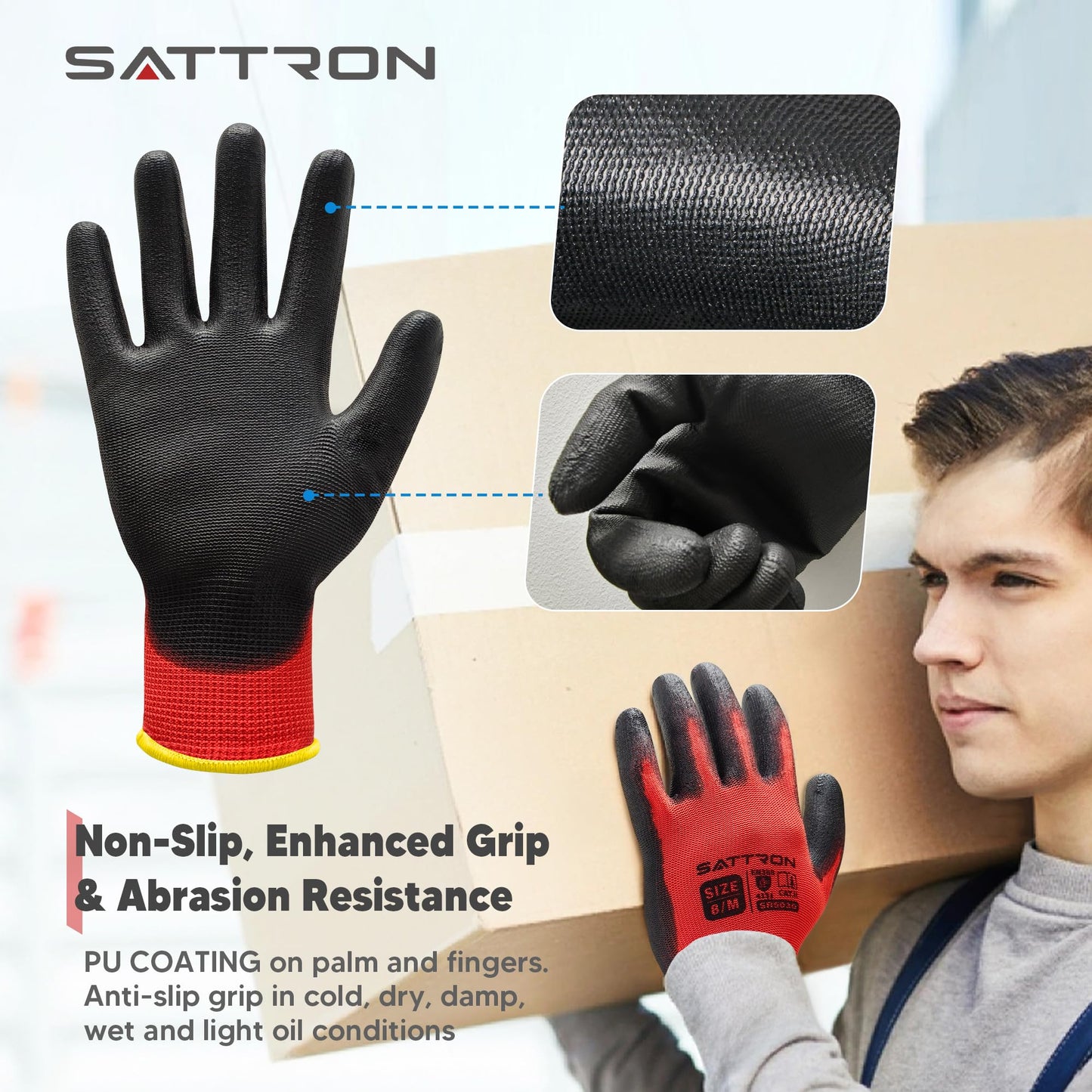 SATTRON Safety Work Gloves PU Coated, 12 Pairs Seamless Knit Gloves with Polyurethane Coating Working Gloves Excellent Grip for Men & Women, Breathable, Ideal for General Duty Work DIY (Red, X-Large)