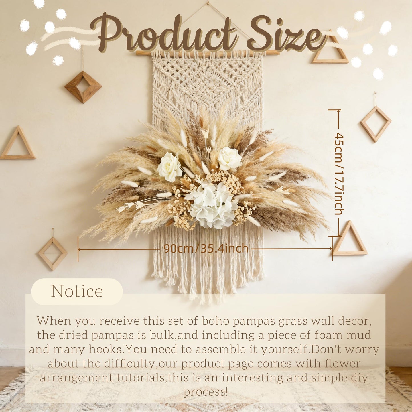 35” Pampas Grass Wall Decor Natural Fluffy Dried Reeds with Bunny Tails Baby Breath Artificial Hydrangea Flowers Large Pampas Easy Install for Home Wedding Arch Entryway Farmhouse Party Boho Decor