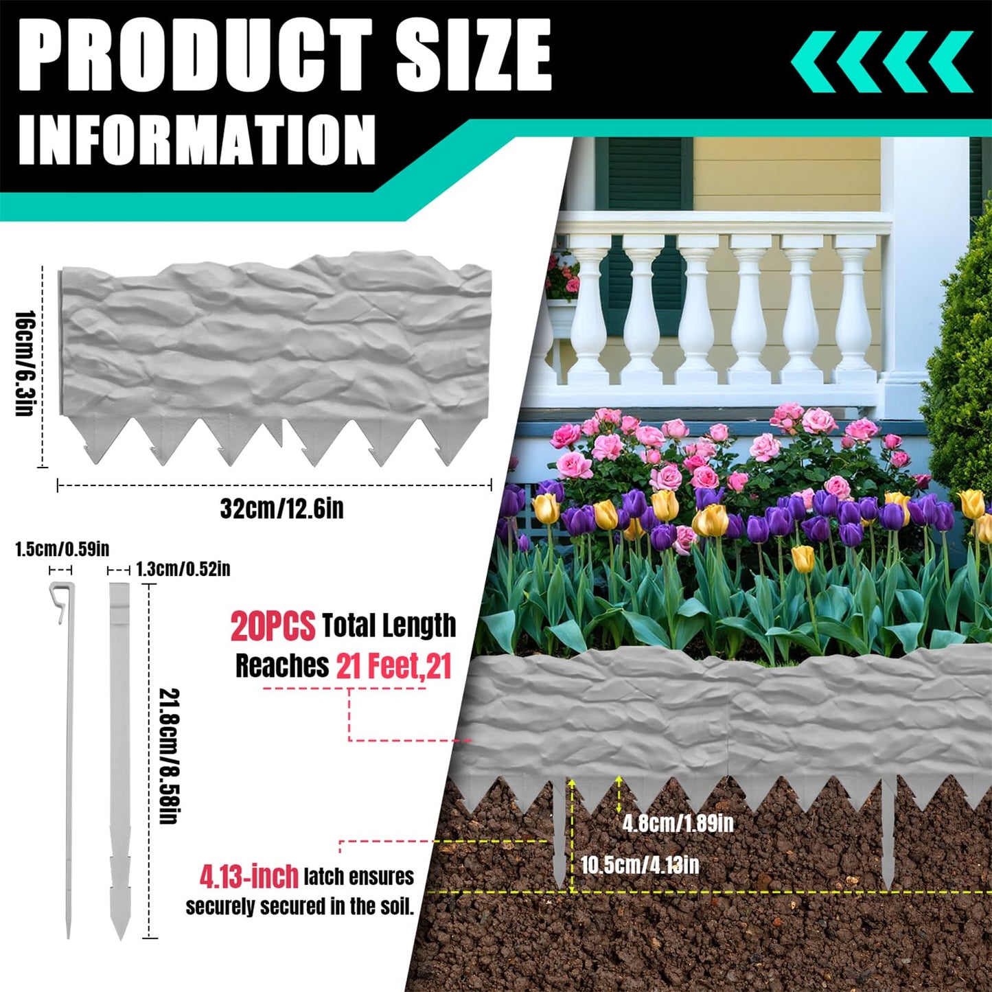 20-Pack No Dig Garden Edging Borders,20FT Plastic Lawn Edging with Spikes & Stone Texture - Easy Interlocking Landscape Edging for Yard, Flower Bed, Driveway, Heavy-Duty & Easy Install