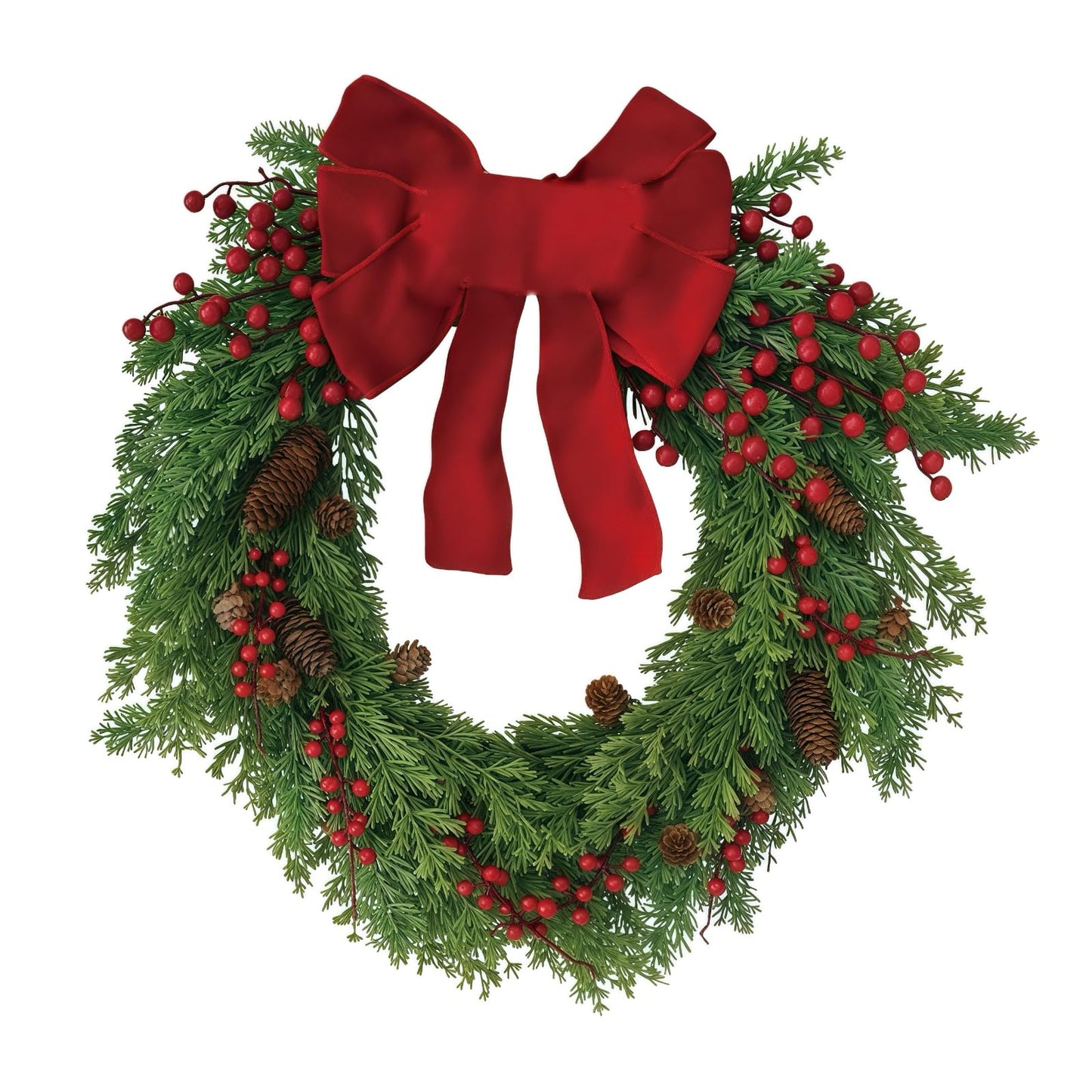 Christmas Wreath for Front Door, Red Bow & Real Pine Cones with Pine Branches & Berries, Artificial Holiday Wreath for Indoor & Outdoor Wall Decor (20 inches)