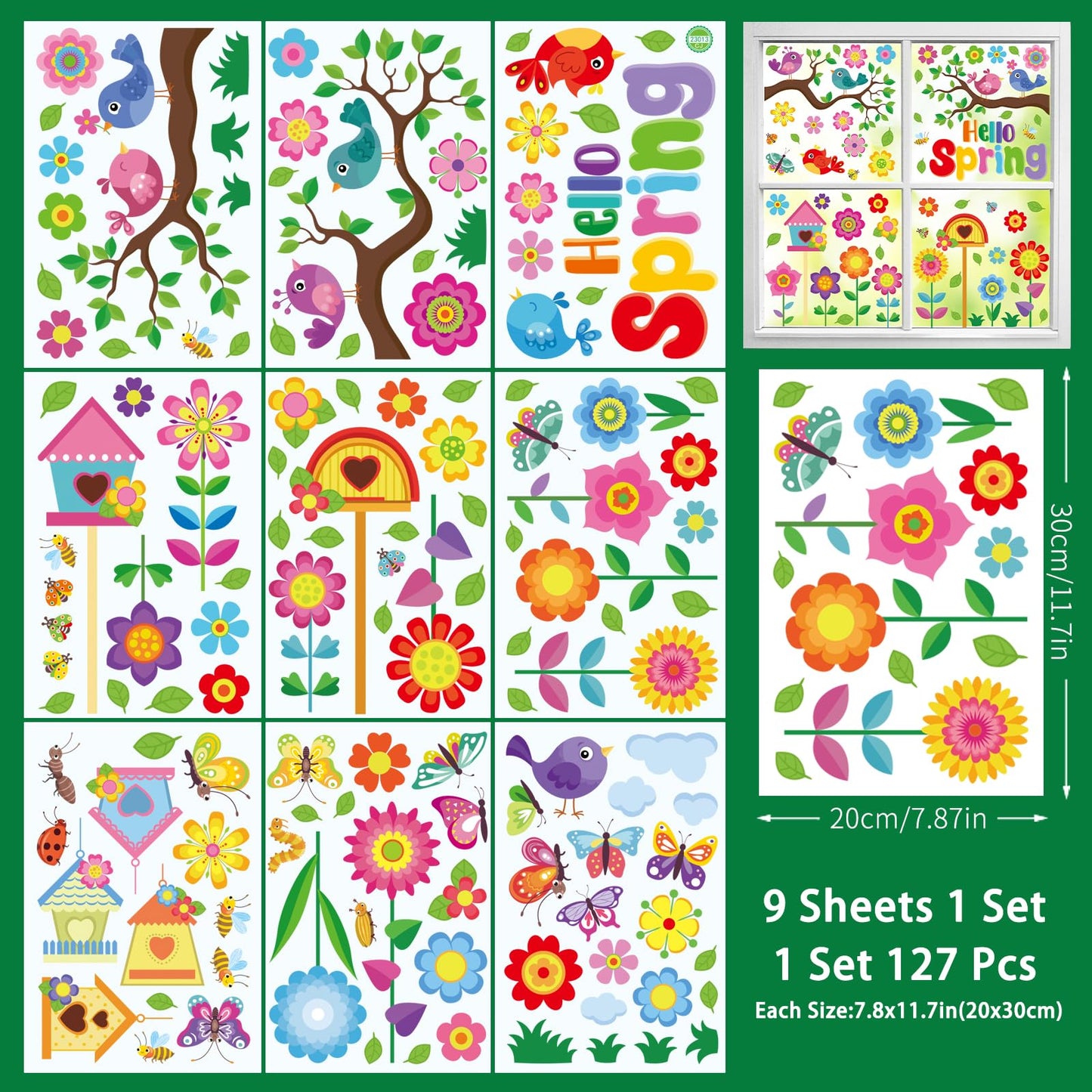 Vibrant Spring & Summer Window Clings - 9 Sheets 127PCS Removable & Double-Sided with Flowers Butterflies Birds Birdhouses - Window Stickers for Glass Windows Home Classroom Office Store Decorations