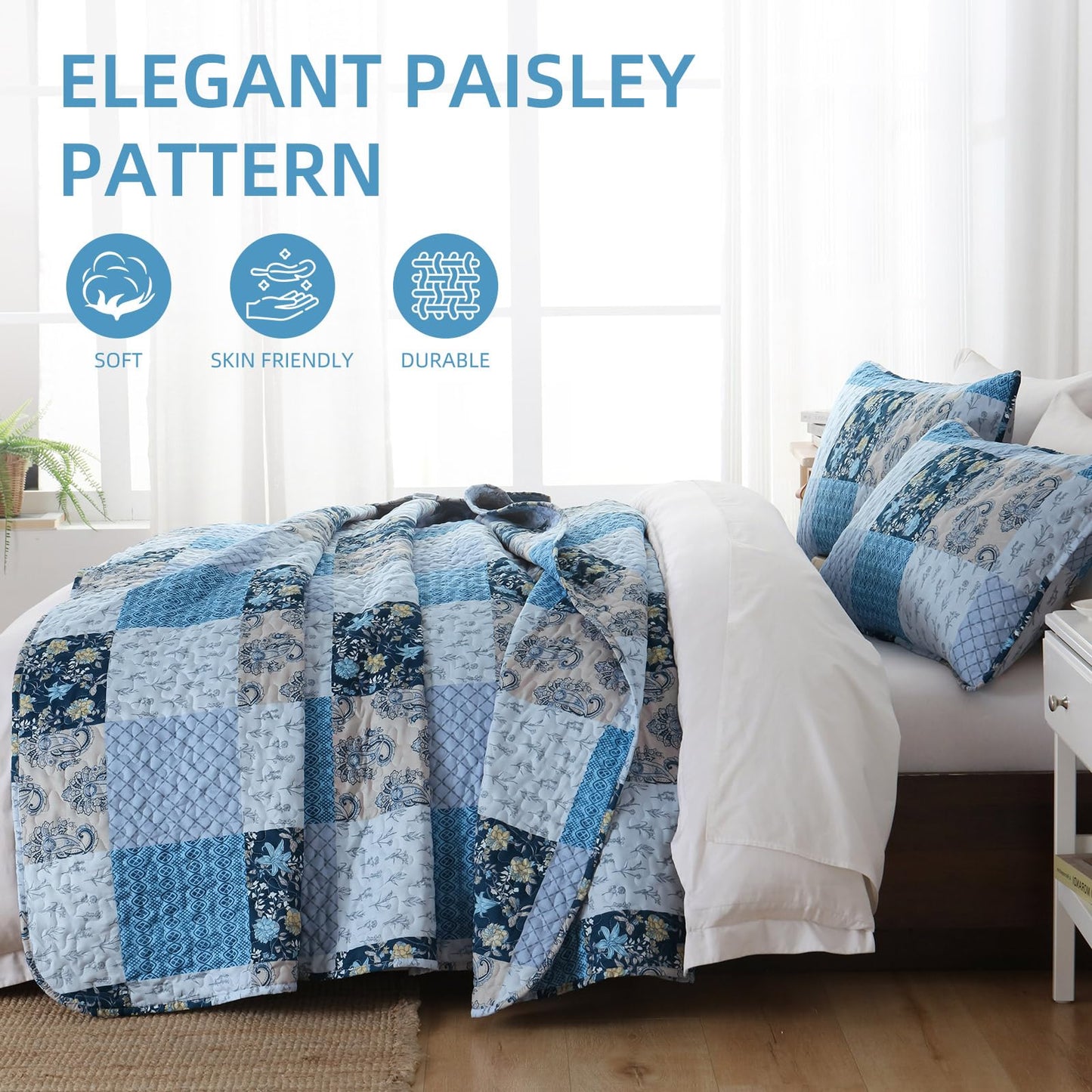 Xruibed Blue Quilt Set Queen Size 3 Pieces Plaid Floral Boho Bedspread Coverlet Set Patchwork Pattern Reversible Bedding Set Soft Microfiber Bedspread Set Queen for All Season(Queen 96"x90")