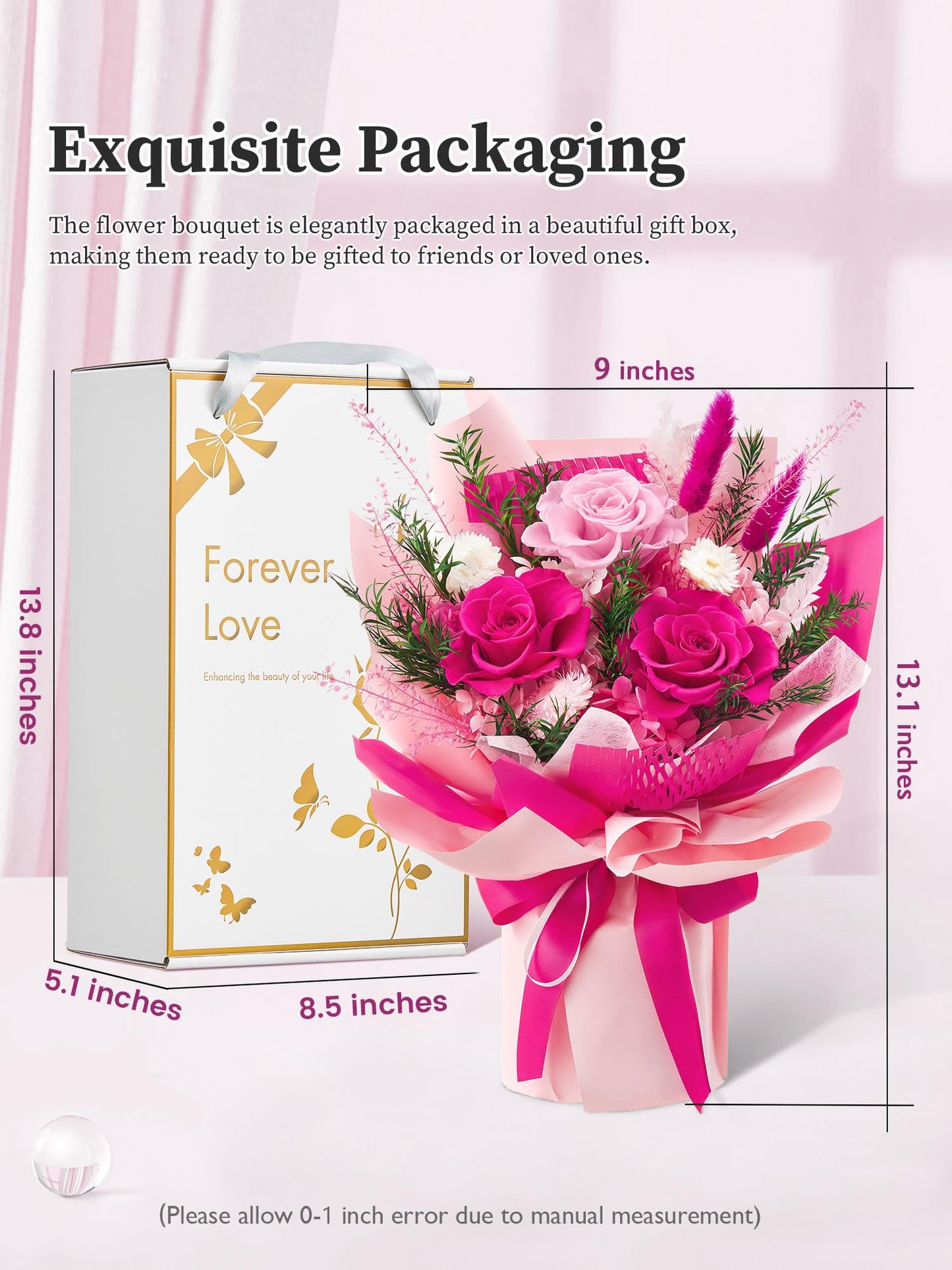 Flomoon Preserved Flowers Bouquet, Forever Flowers for Delivery, Mothers Day Long-Lasting Real Roses Bouquet, Anniversary Birthday Flowers Gifts for Mom Grandma Women Wife Her (Hot Pink)