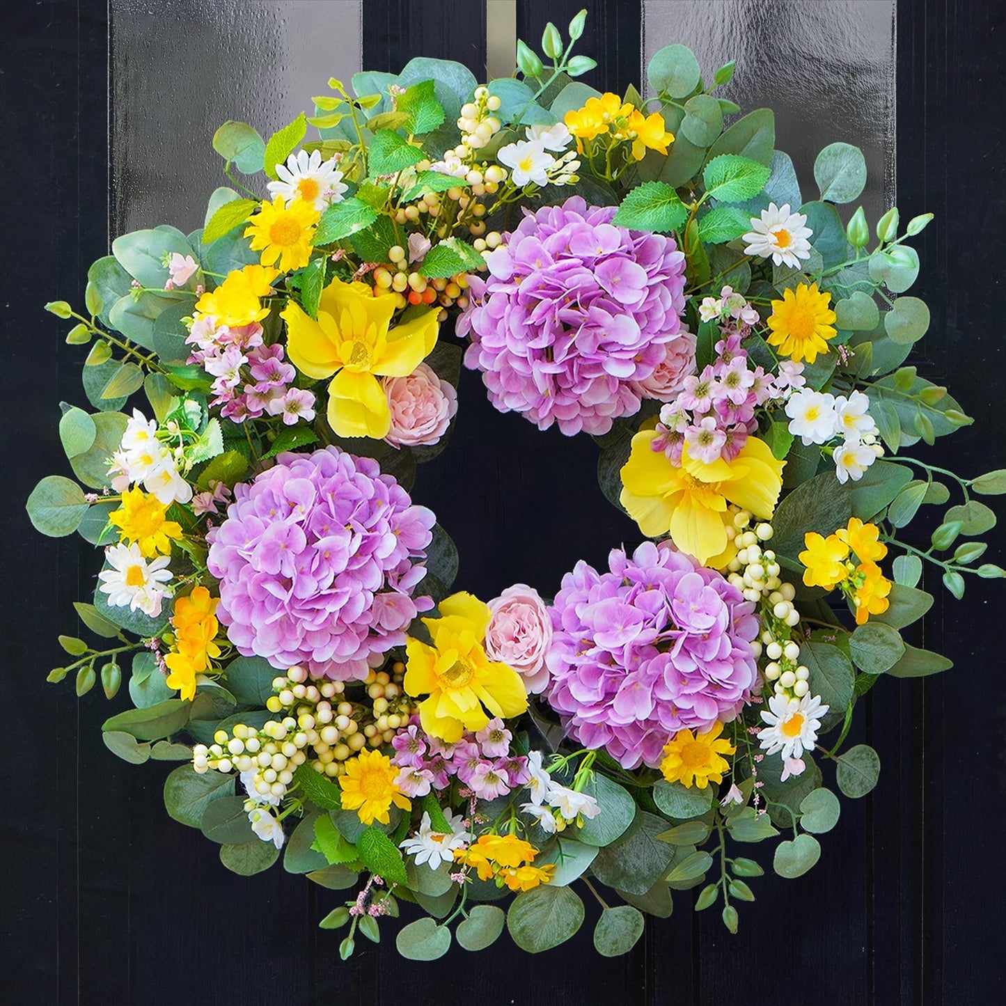 Rimalo 24 Inch Spring Summer Wreaths for Front Door - Summer Wreath with Vibrant Hydrangea, Roses, Daisies and Yellow Berries for Porch, Mantel, Farmhouse Home Decor, Outdoor Artificial Flower Wreath