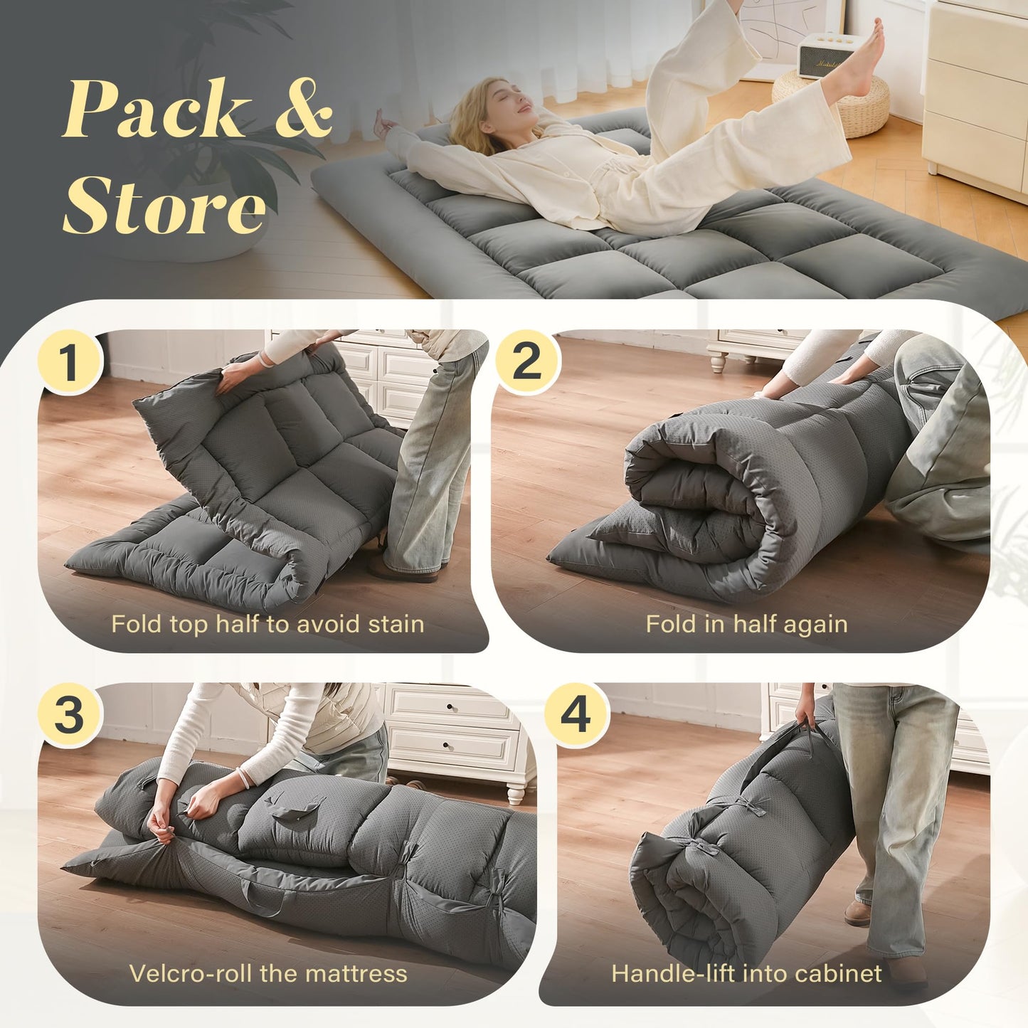DOWNSTORIA Japanese Floor Mattress, Foldable Futon Mattress Tatami Mat with Handle, Roll Up Camping Sleeping Pad for Adults, Guestroom Floor Bed, Twin Size, Grey